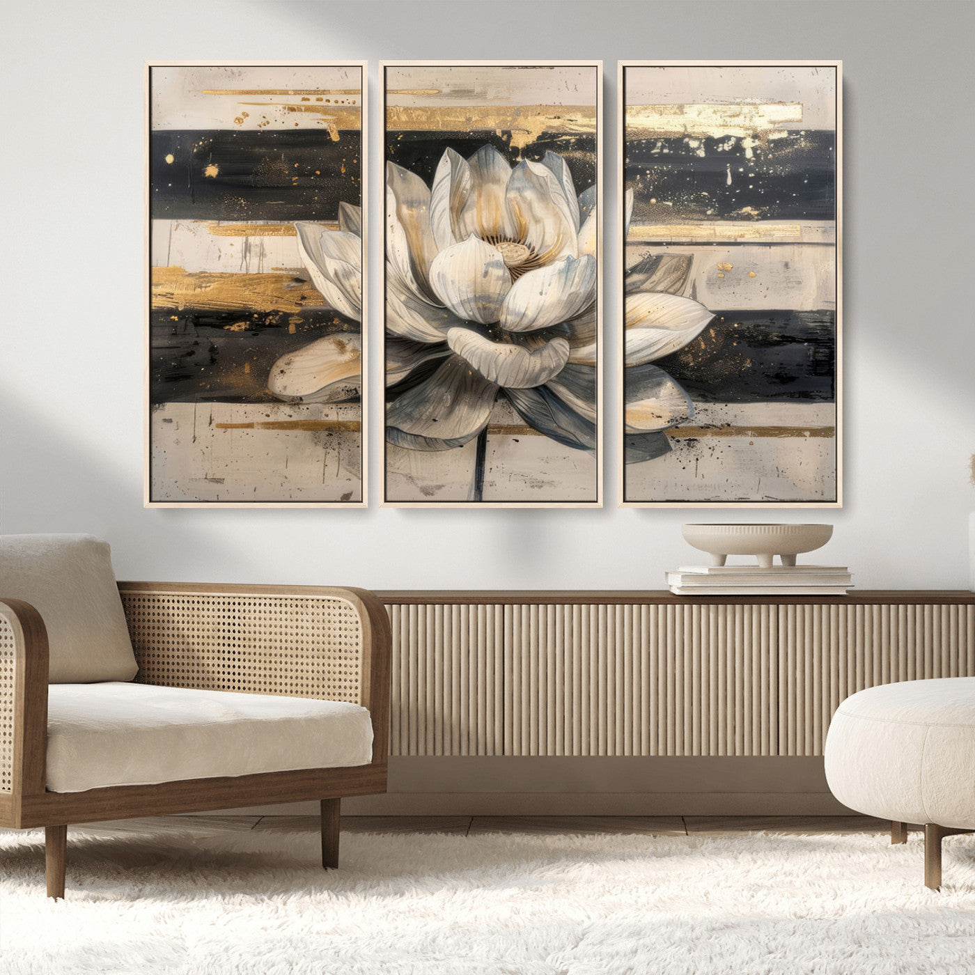 MGV-FC-48X32-3P - Lotus Flower Wall Art Canvas Print, Framed Abstract Lotus Art Picture Print, White Lotus Flower Perfect Abstract Floral Decor Artwork