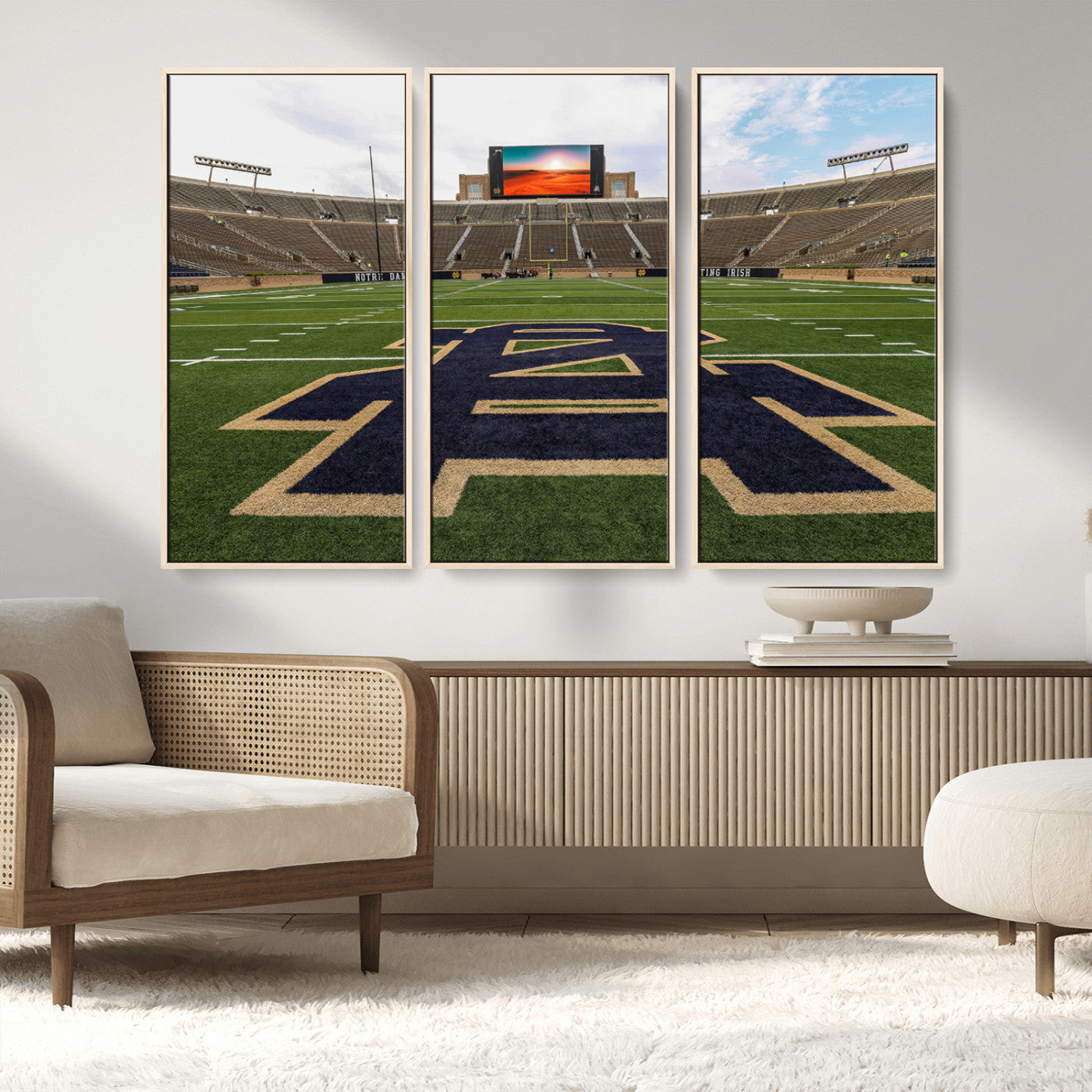 MGV-FC-48X32-3P - Notre Dame Stadium Giclee Canvas Print | Triptych Wall Art Featuring Iconic Notre Dame Football Field | Ready-to-Hang Sports Stadium Decor