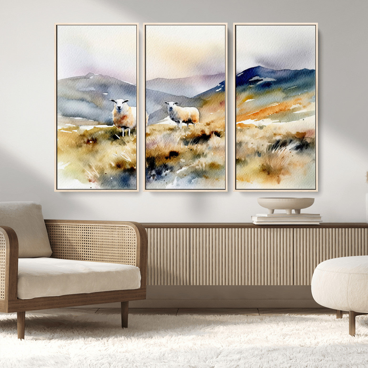 58145-MGV-FC-48X32-3P_Natural-Watercolor Sheep for Farmhouse Decor Wall Art Canvas Print, Mountain Wall Art Print