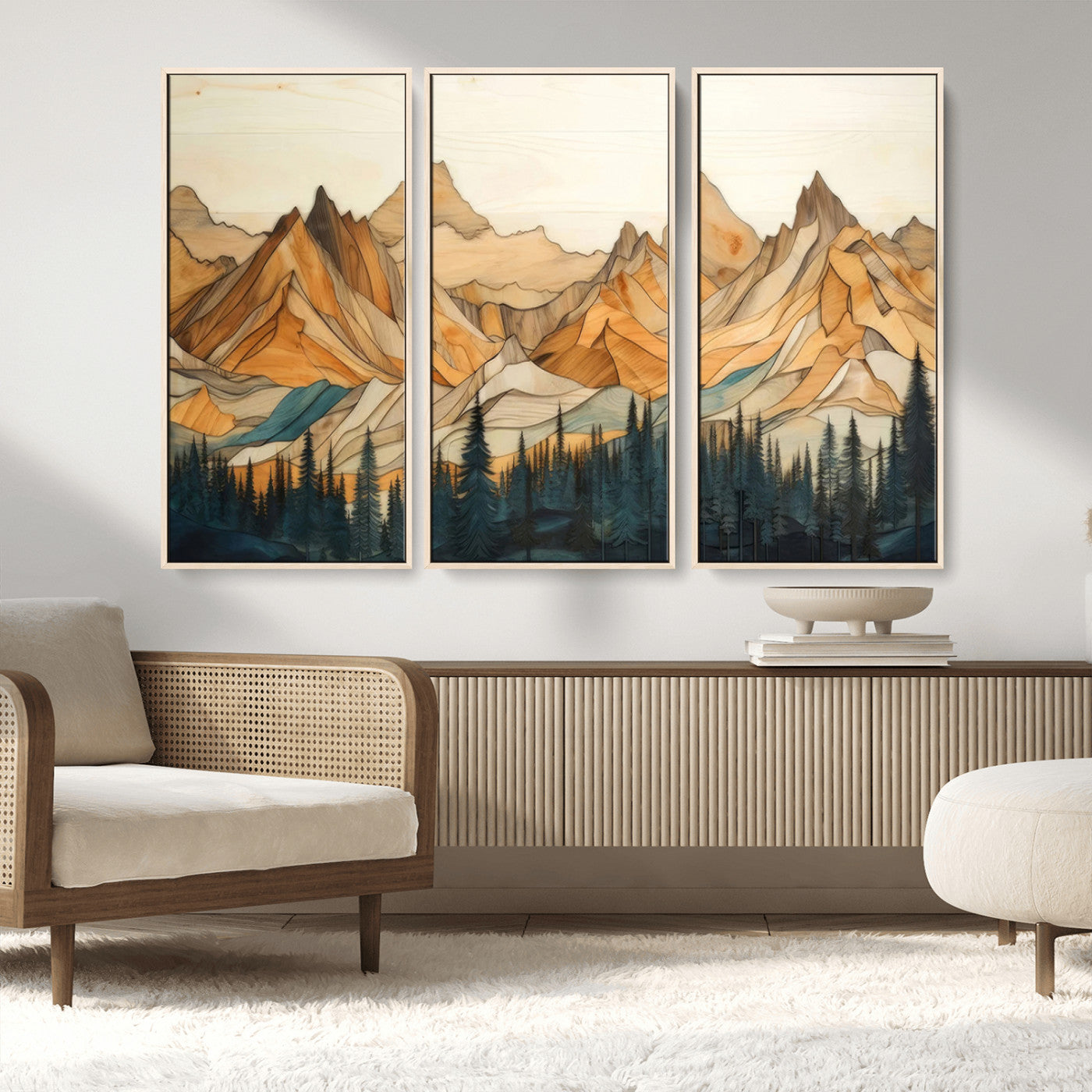 31576-MGV-FC-48X32-3P_Natural-Rustic Wood Mountain Wall Art Print | Triptych Giclee Print Featuring Handcrafted Forest and