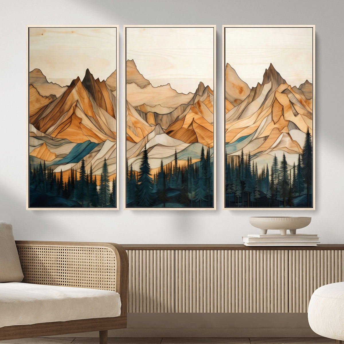 31576-MGV-CV-36X24 - Geometric Wood Mountain Landscape Wall Art Canvas Print, Rustic Forest Painting Print