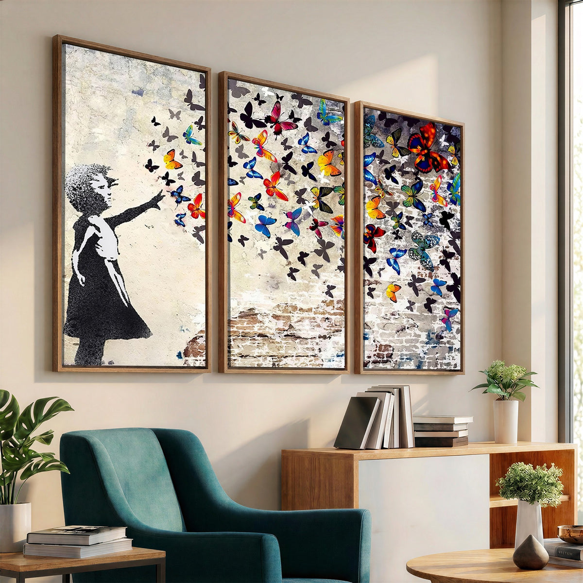 97895-MGV-CV-24X16 - Banksy Graffiti Wall Art Canvas Print, Girl Releasing Vibrant Butterflies