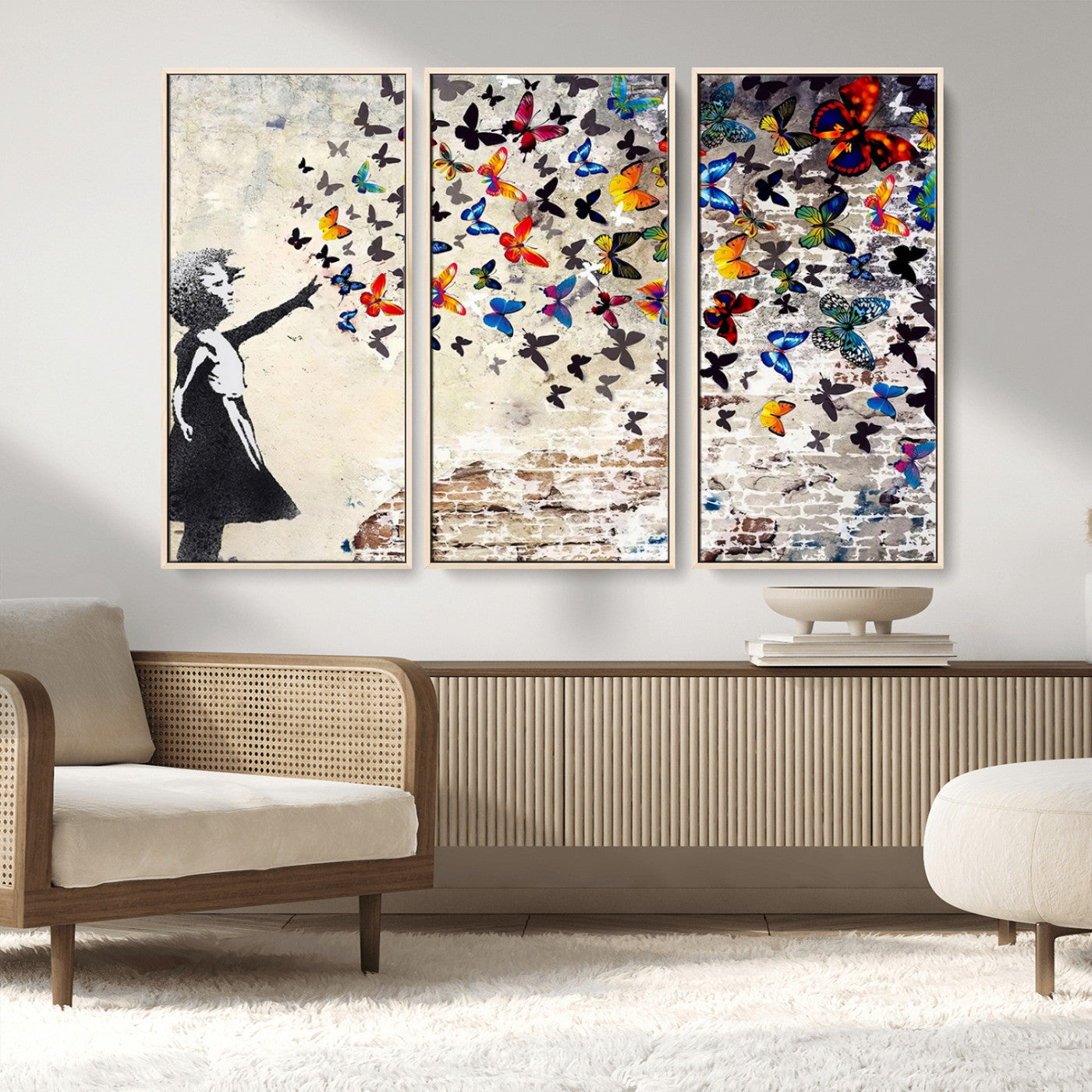 MGV-FC-48X32-3P - Banksy Graffiti Wall Art Canvas Print: Girl Releasing Vibrant Butterflies – Ready to Hang