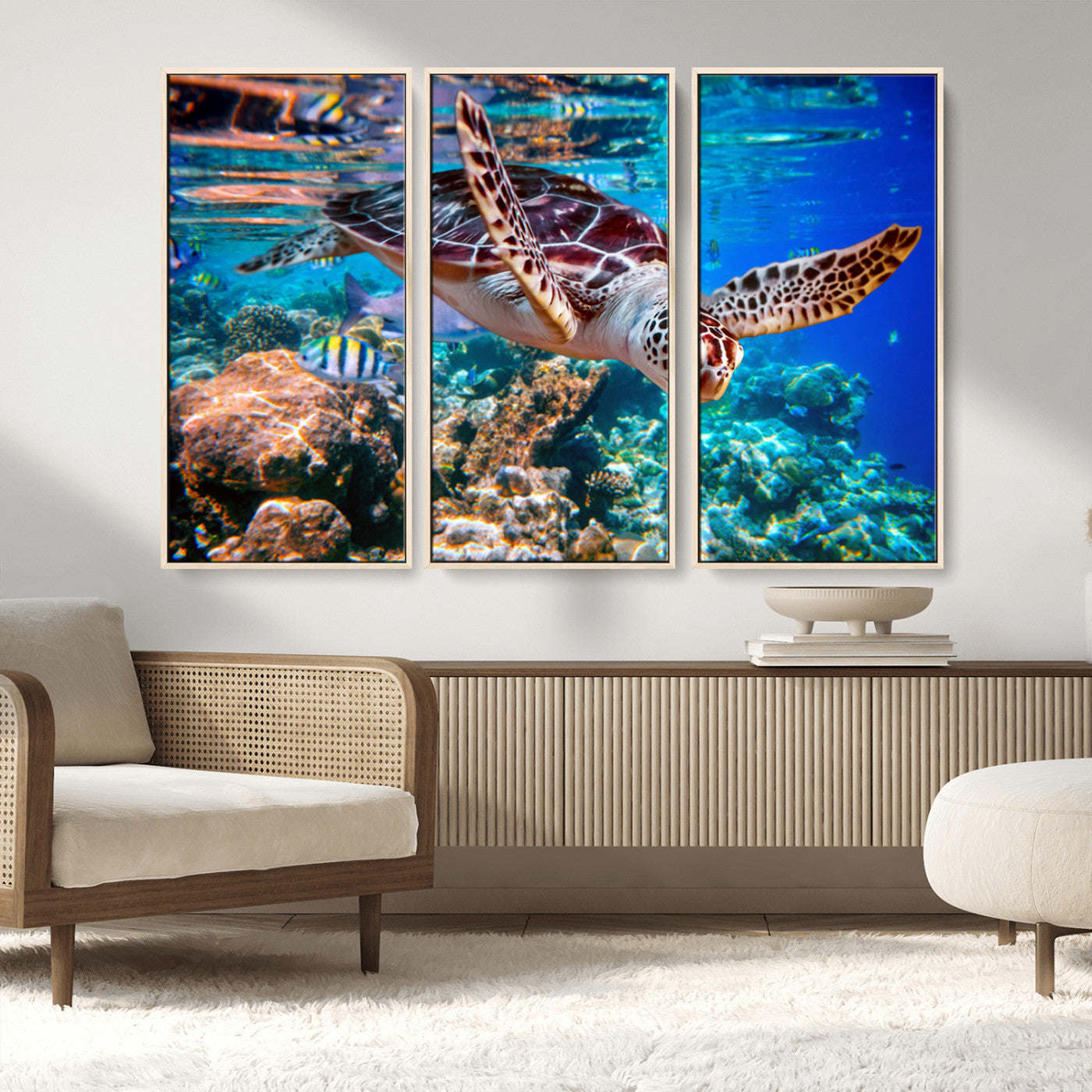 MGV-FC-48X32-3P - Underwater Coral Reef Sea Turtle Wall Art Canvas Print, Vibrant Marine Life | Colorful Ocean Scene