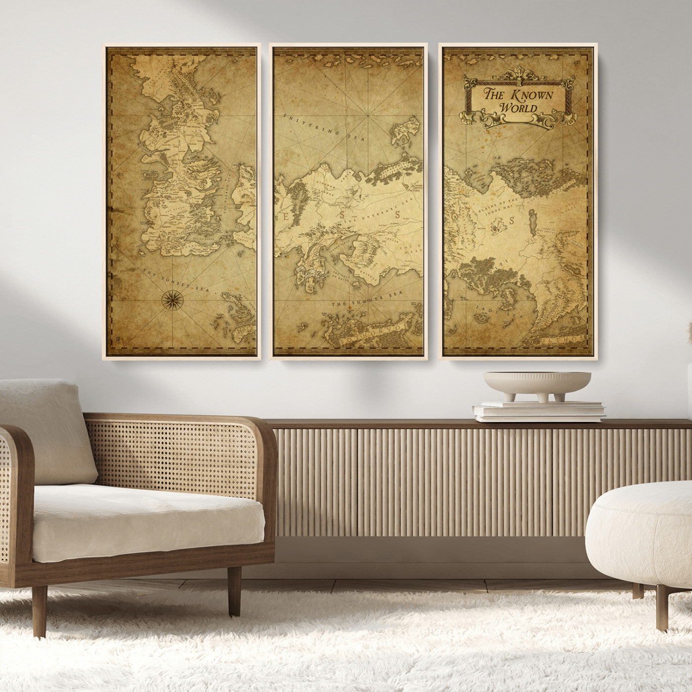 MGV-FC-48X32-3P - Vintage Game of Thrones Map Wall Art | Westeros and Essos Antique Style Print | The Known World in Triptych Canvas | Giclee Canvas for Fantasy Lovers