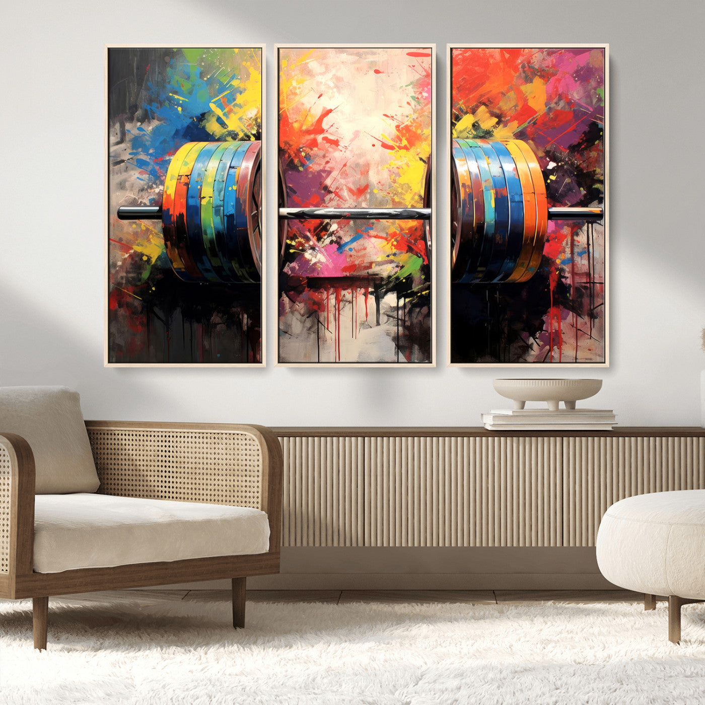 MGV-FC-48X32-3P - Weightlifting Barbell Art Triptych, Bold Abstract Fitness Wall Decor for Gym or Home, Giclee Canvas Print