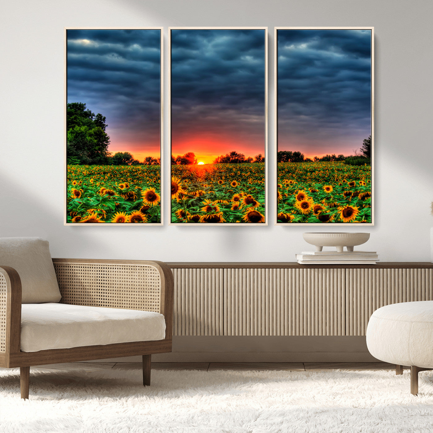 MGV-FC-48X32-3P - Golden Sunflower Field at Sunset – Breathtaking Sky and Vibrant Flowers, Ready to Hang Wall Art