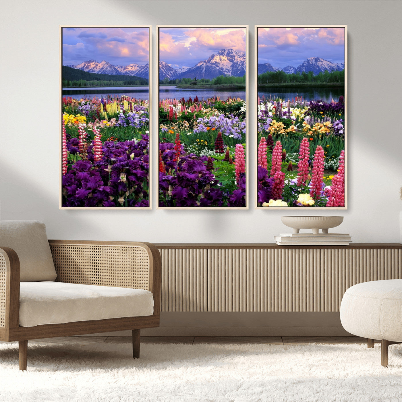 MGV-FC-48X32-3P - Vibrant Wildflower Garden and Mountain View Giclee Canvas Print | Floral Wall Art for Living Room