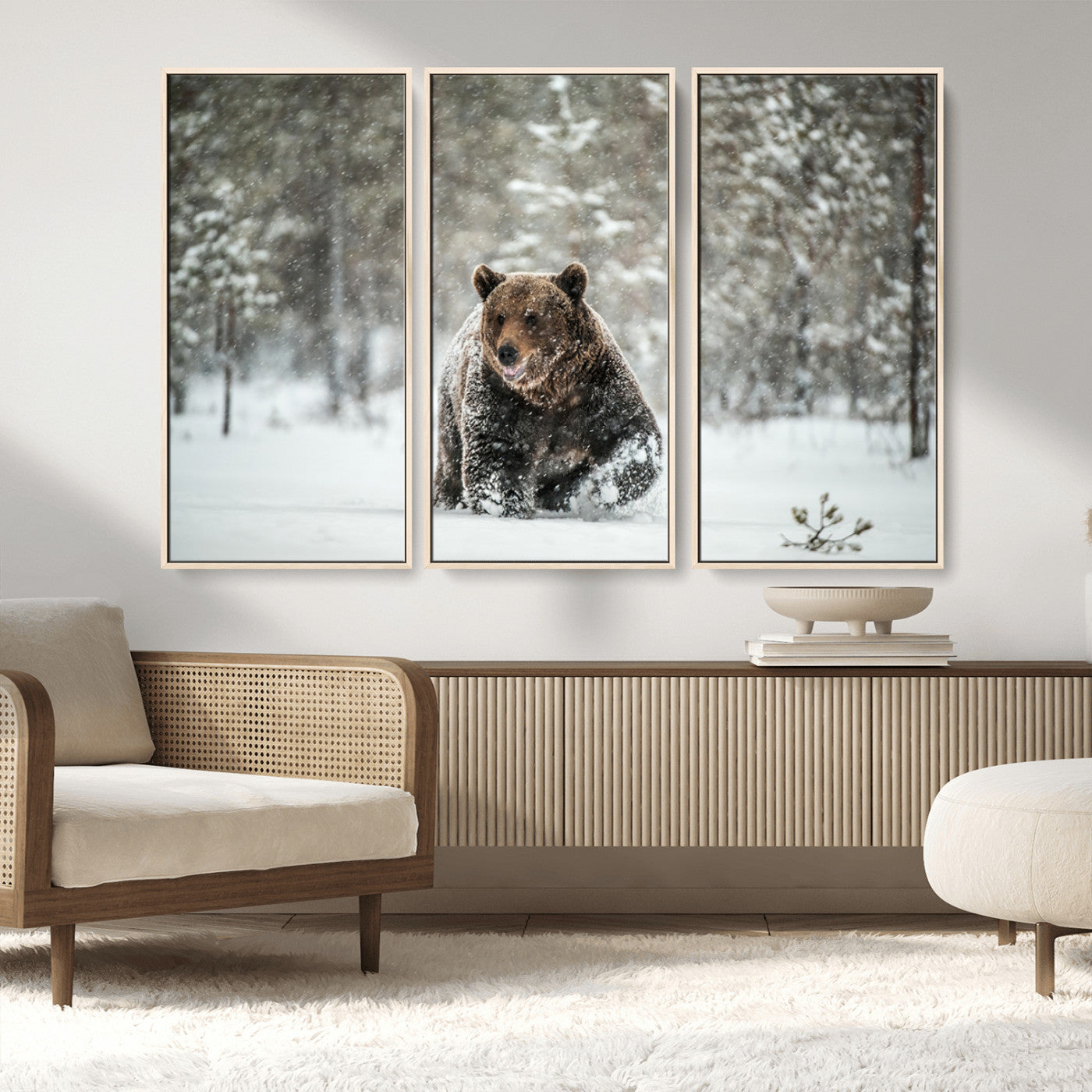MGV-FC-48X32-3P - Wall Art Canvas Print – Grizzly Bear in Snowy Forest Powerful Presence Snowy Wilderness Wild Beauty