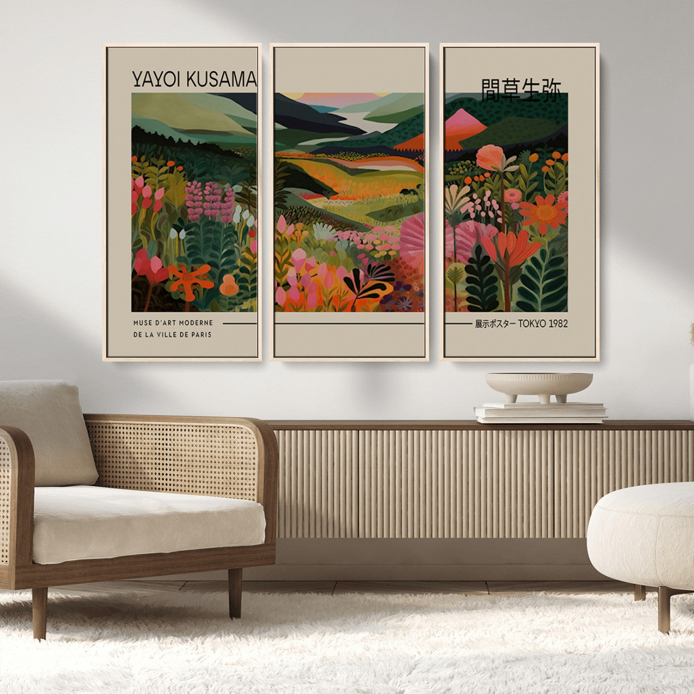 MGV-FC-48X32-3P - Yayoi Kusama Landscape Canvas Print, Vibrant Floral Mountain Art Print, Botanical Flower Nature