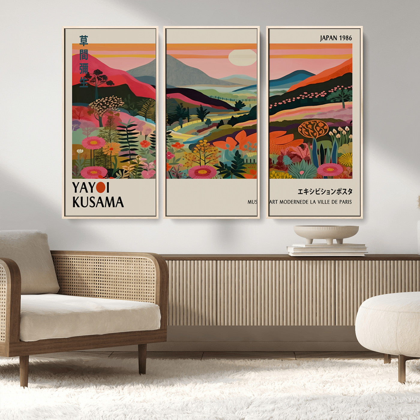MGV-FC-48X32-3P - Yayoi Kusama Landscape Canvas Print, Vibrant Floral Mountain Art Print, Botanical Flower Nature