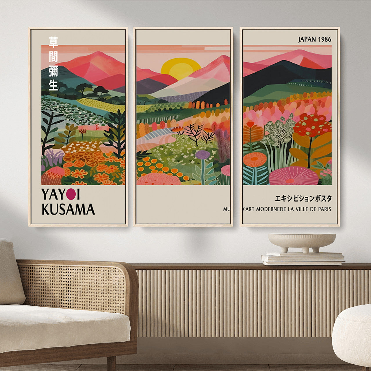 30051-MGV-CV-36X24 - Yayoi Kusama Landscape Canvas Print, Vibrant Floral Mountain Art Print, Framed Botanical Wall Art