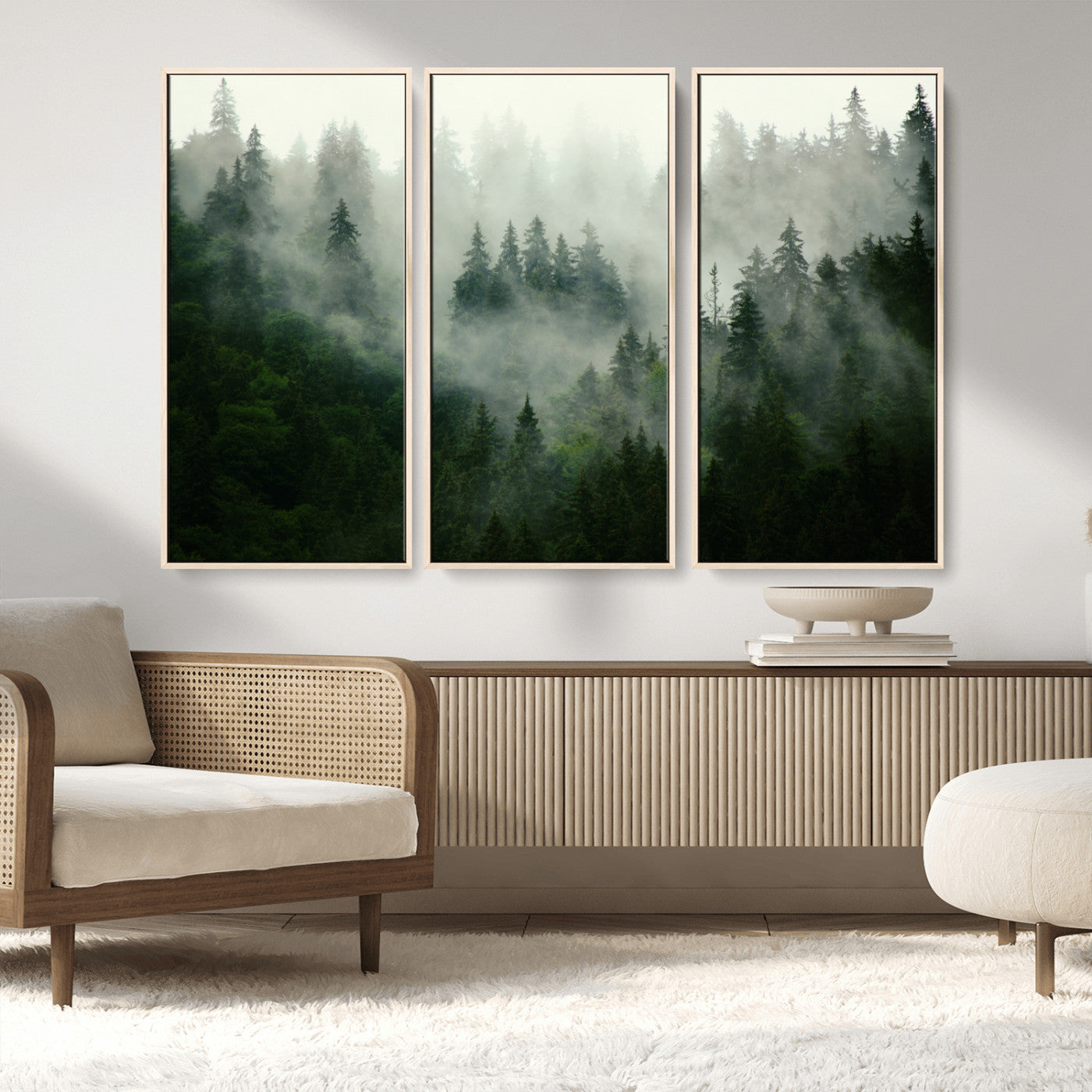 MGV-FC-48X32-3P - Misty Forest Wall Art Canvas Print - Foggy Forest Landscape Canvas Wall Art – Serene Triptych Nature