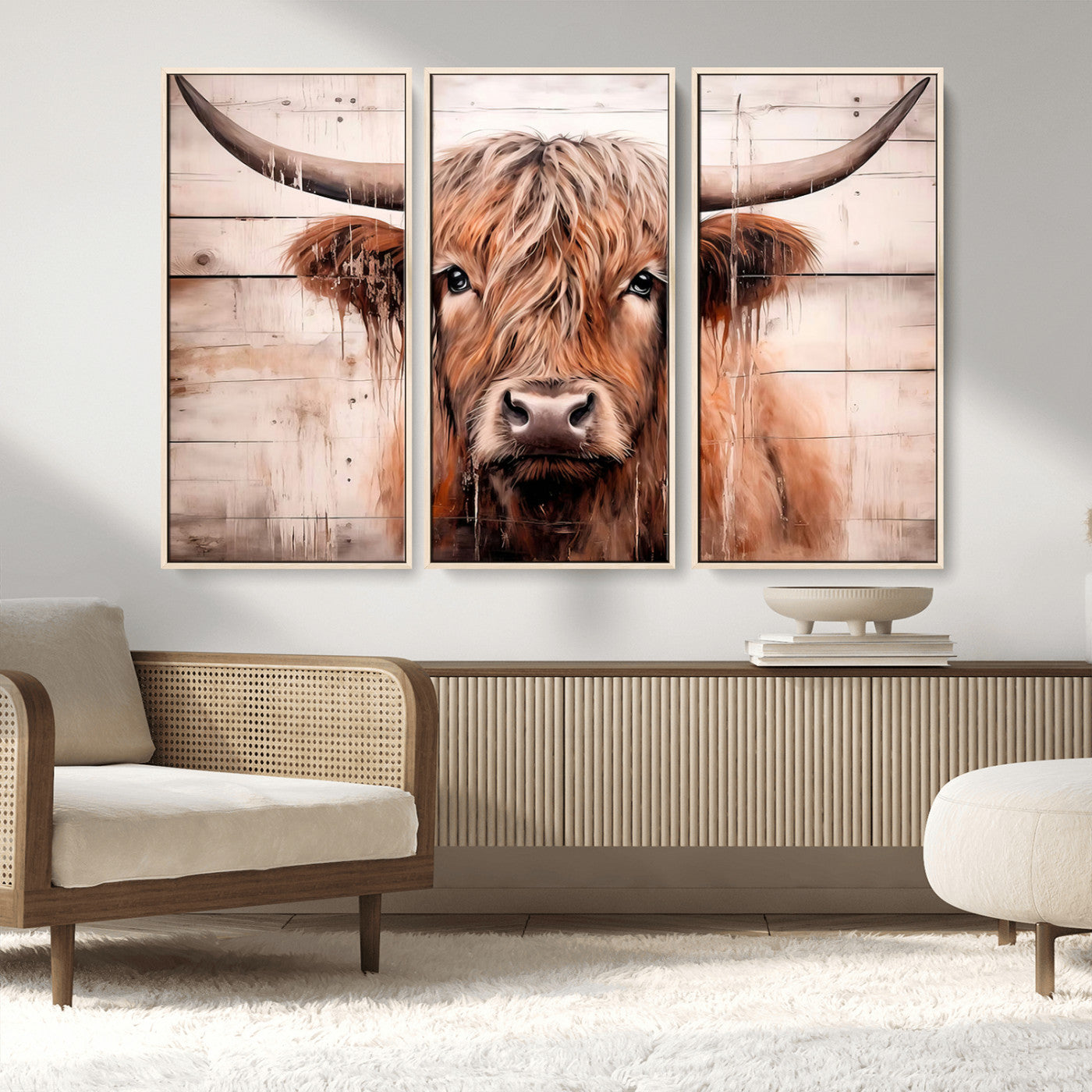 MGV-FC-48X32-3P - Vintage Scottish Highland Cow Cattle Art Print Farmhouse Wall Art Canvas Print