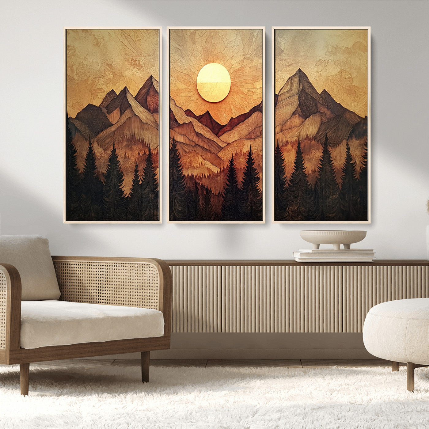 MGV-FC-48X32-3P - Wood Style Abstract Mountain Sunset Canvas Wall Art Print - Warm Earth Nature-Inspired Decor for