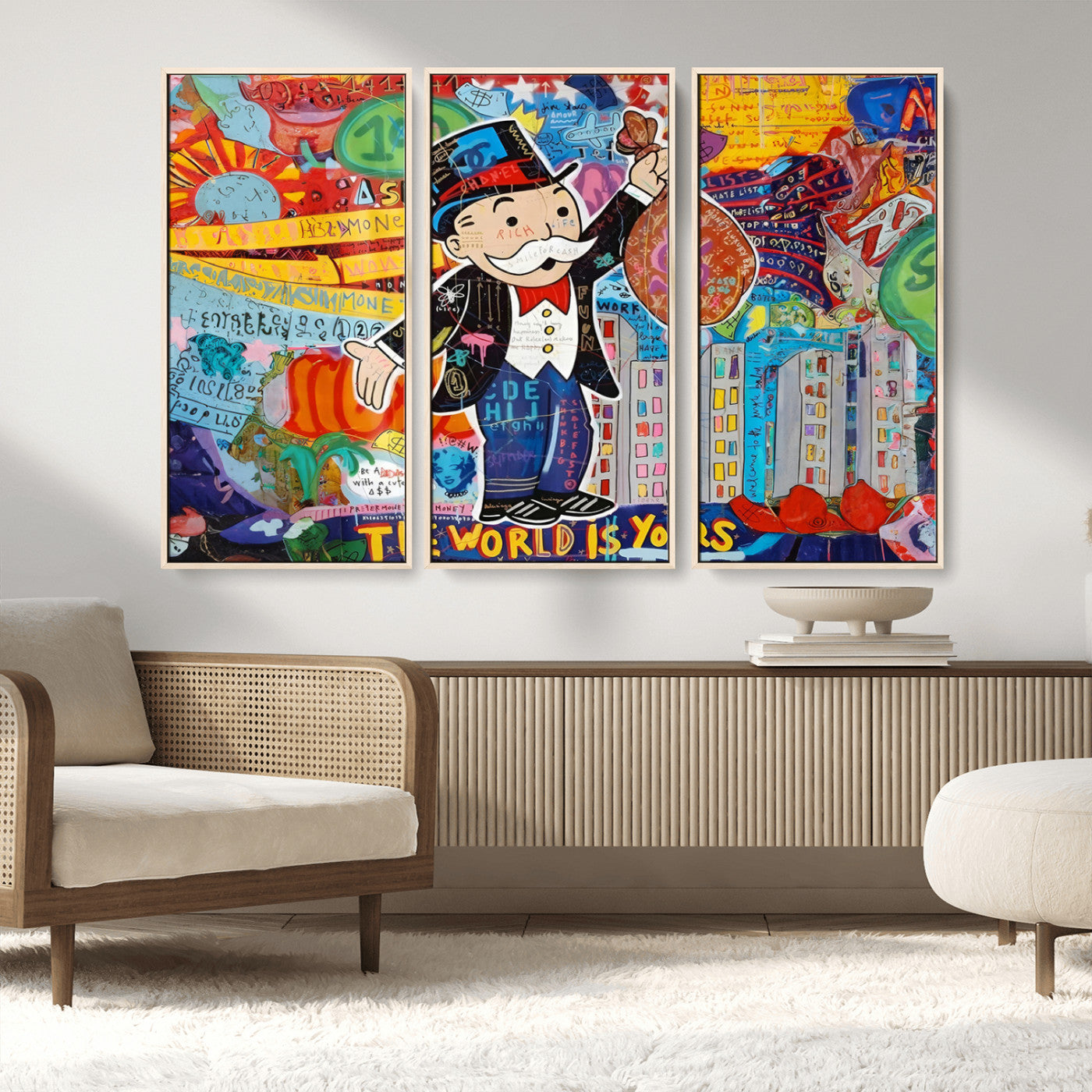 MGV-FC-48X32-3P - Pop Art Monopoly Man Canvas Wall Art Print - Bold and Colorful Street Art-Inspired Decor for Living