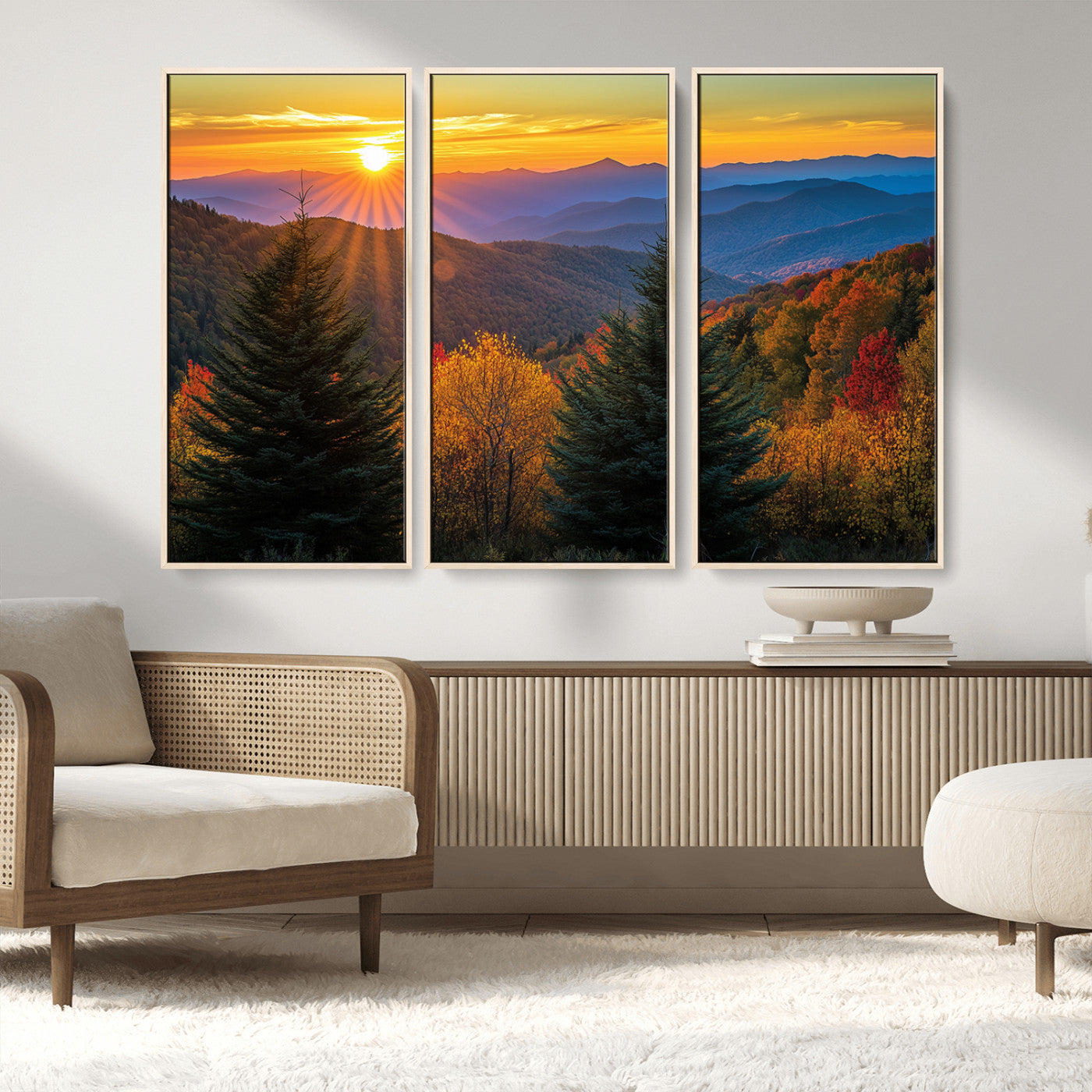 MGV-FC-48X32-3P - Golden Sunset Over Mountain Forest Canvas Wall Art Print - Warm Nature-Inspired Landscape for Living