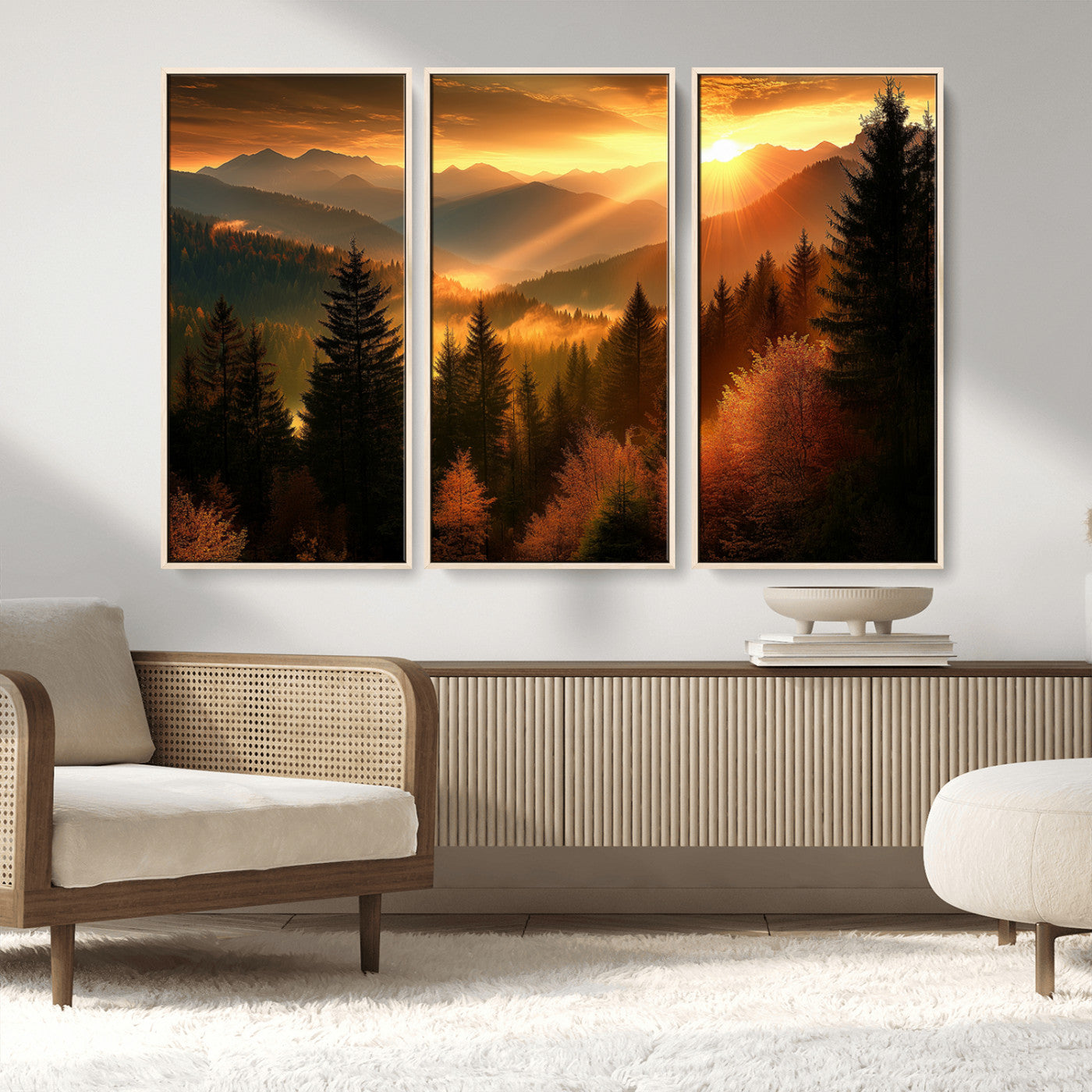 MGV-FC-48X32-3P - Golden Sunset Over Mountain Forest Canvas Wall Art Print - Warm Nature Landscape Print