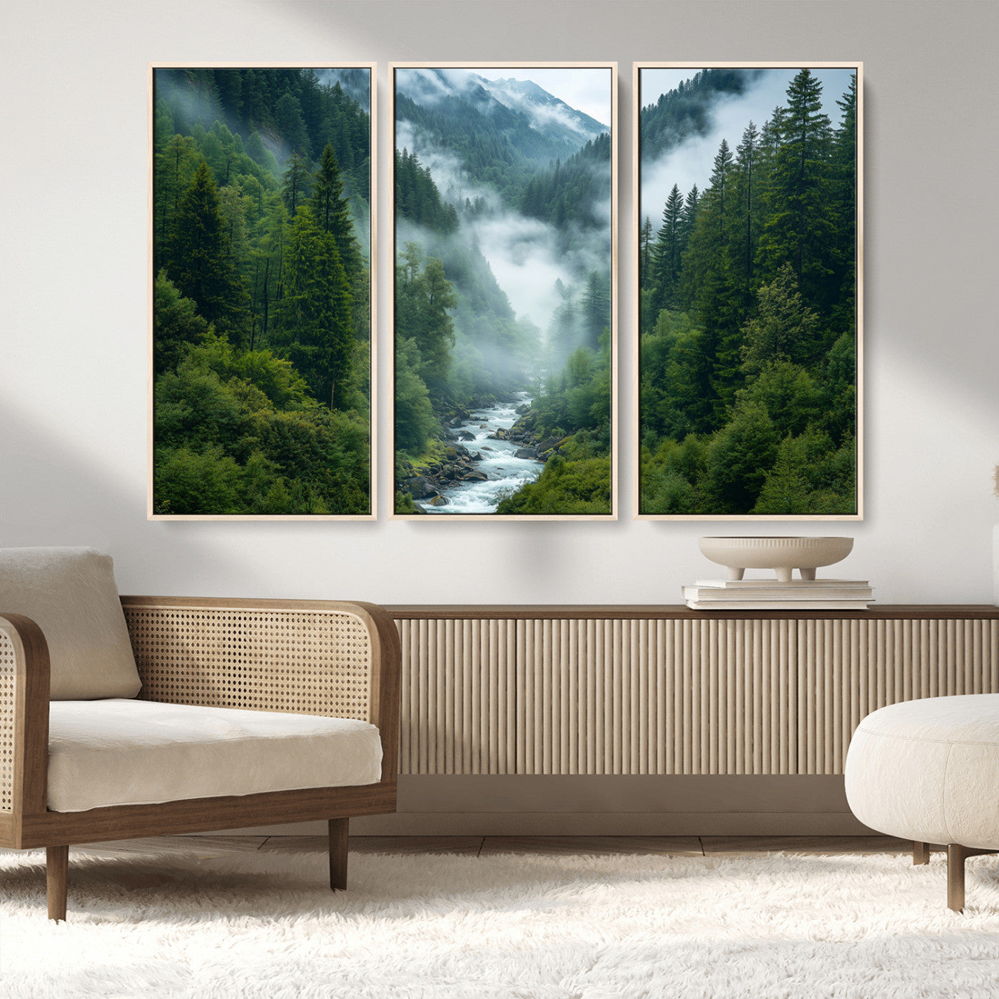 MGV-FC-48X32-3P - Mountain Forest River Canvas Wall Art Print - Serene Nature Landscape for Living Room, Office, or