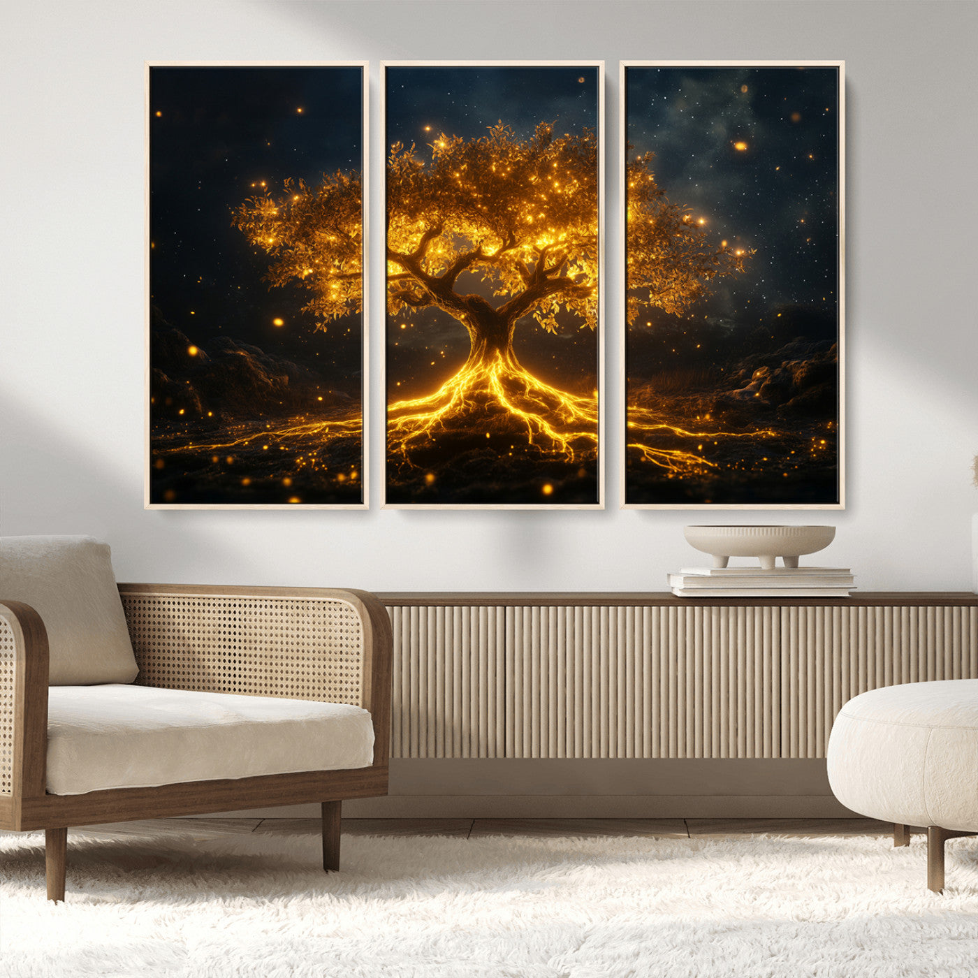 MGV-FC-48X32-3P - Golden Tree of Life Canvas Wall Art Print - Majestic Glowing Tree Design for Living Room, Office, or