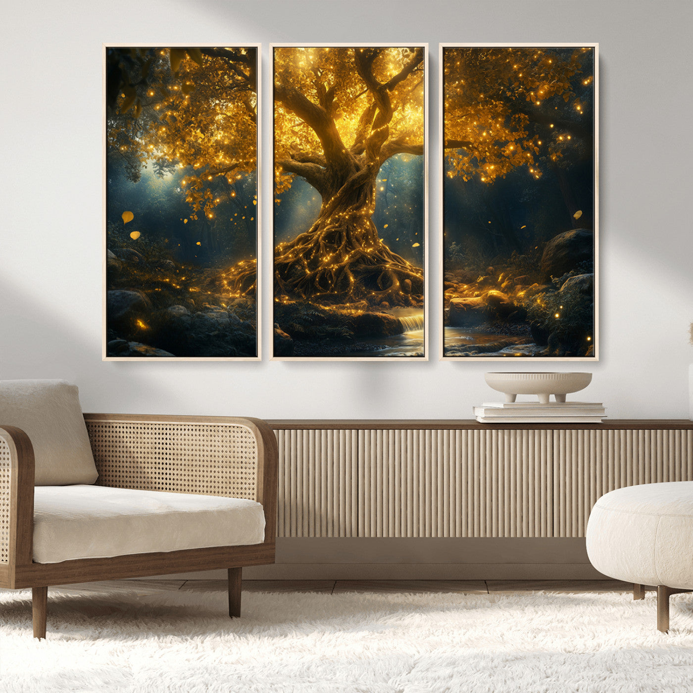 MGV-FC-48X32-3P - Golden Tree of Life Canvas Wall Art Print - Majestic Glowing Tree Wall Art Print