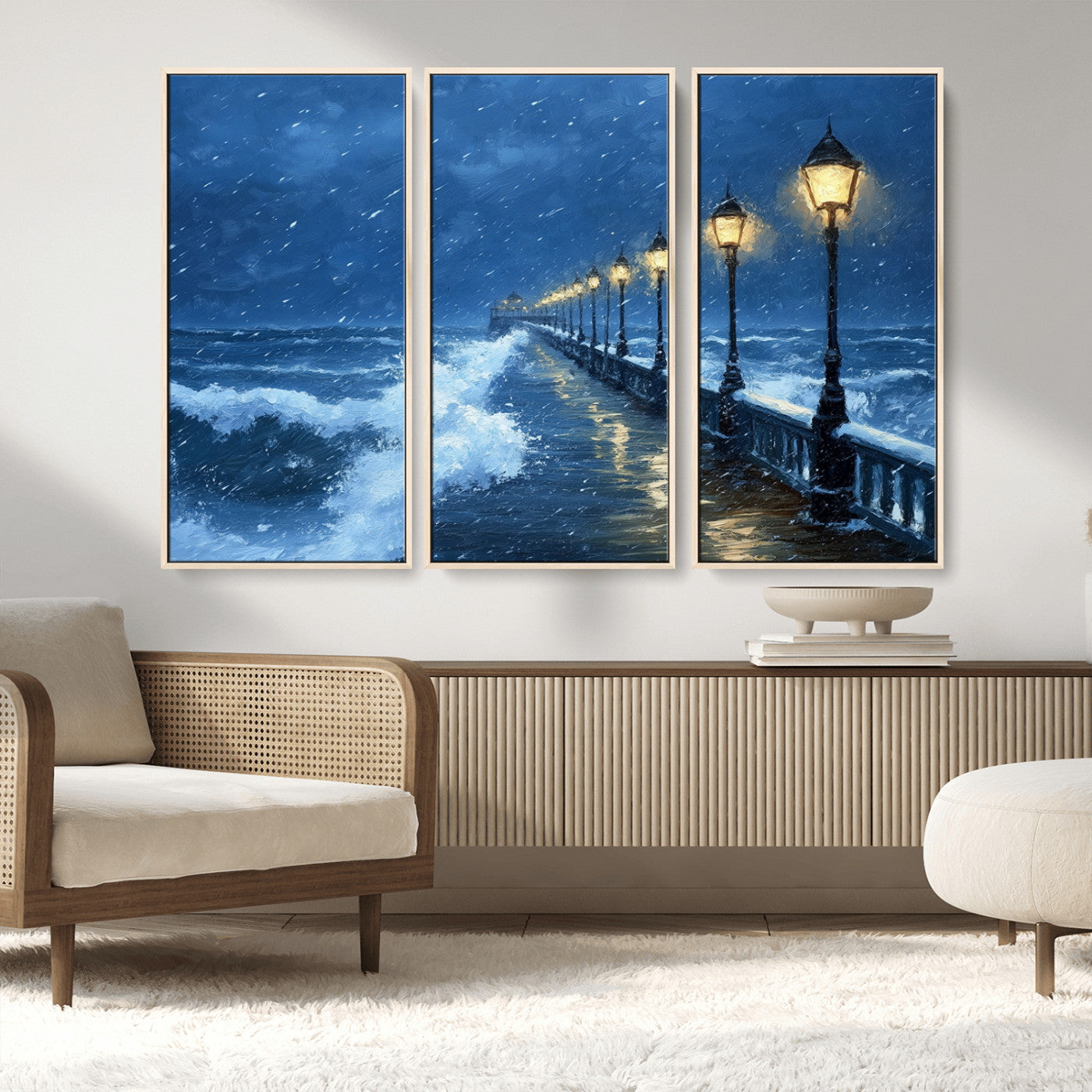 MGV-FC-48X32-3P - Stormy Ocean Pier Lights Canvas Wall Art Print - Large Moody Night Scene for Living Room, or Office,