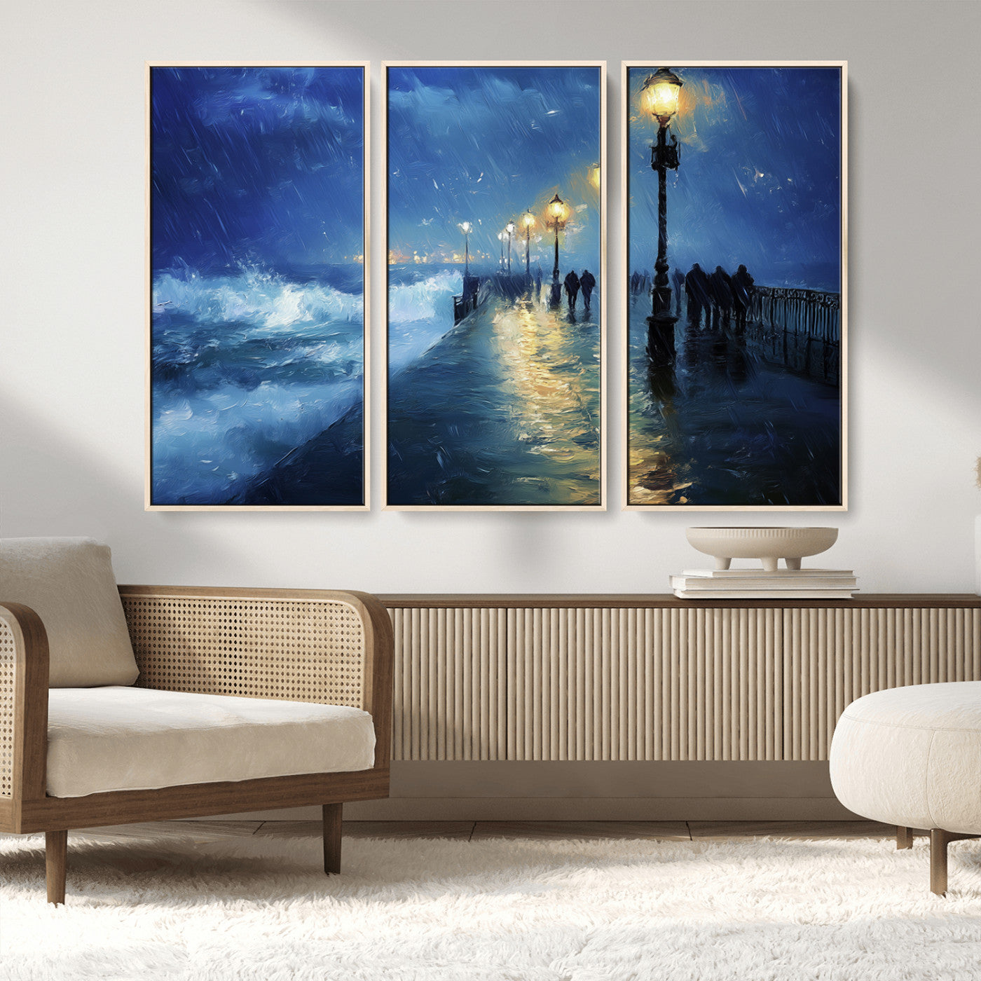 MGV-FC-48X32-3P - Abstract Stormy Ocean Pier Canvas Wall Art Print | Stormy Ocean Art | Large Moody Night Scene Print,
