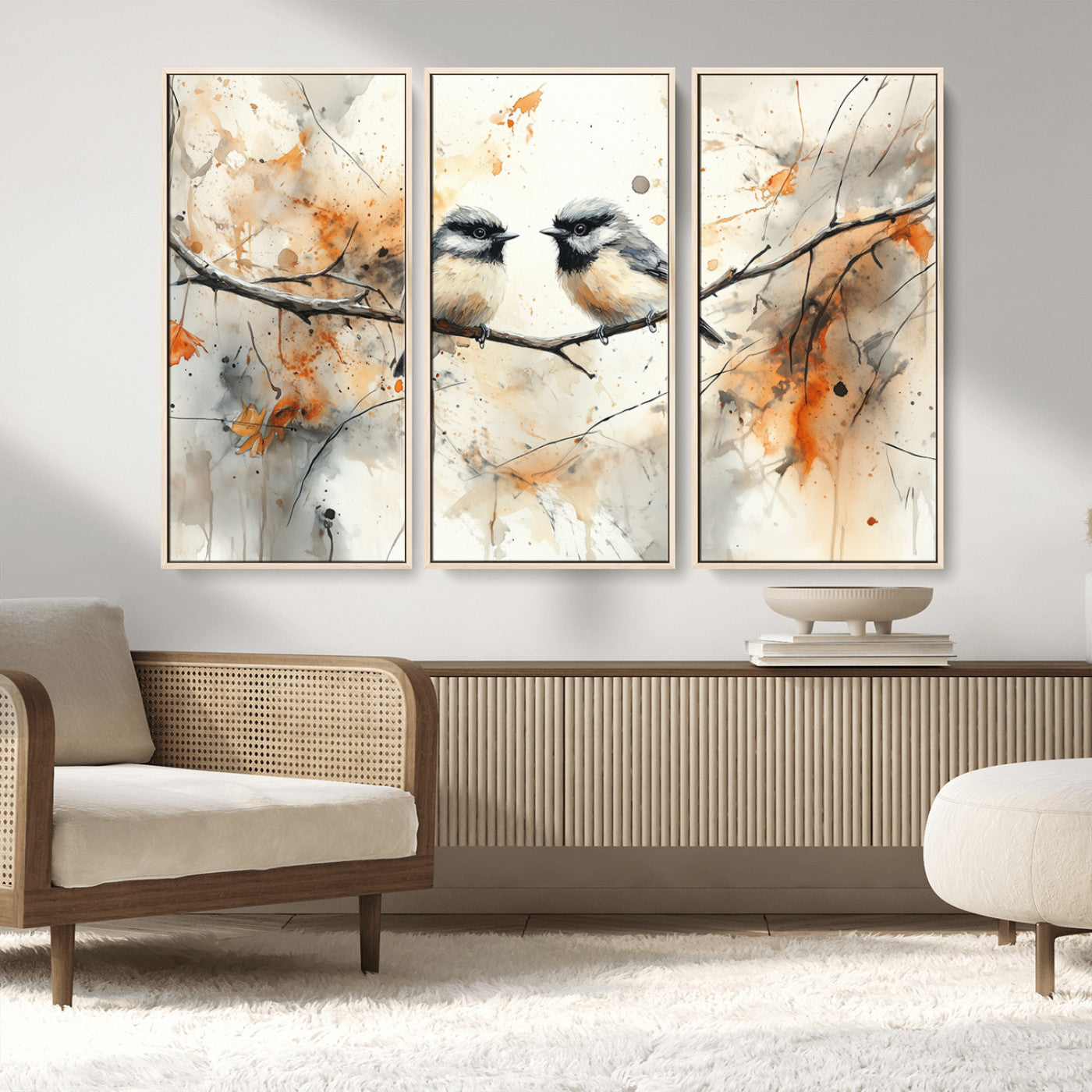 MGV-FC-48X32-3P - Abstract Watercolor Chickadee Bird Canvas Wall Art Print - Large Bird and Branch Wall Art, Modern