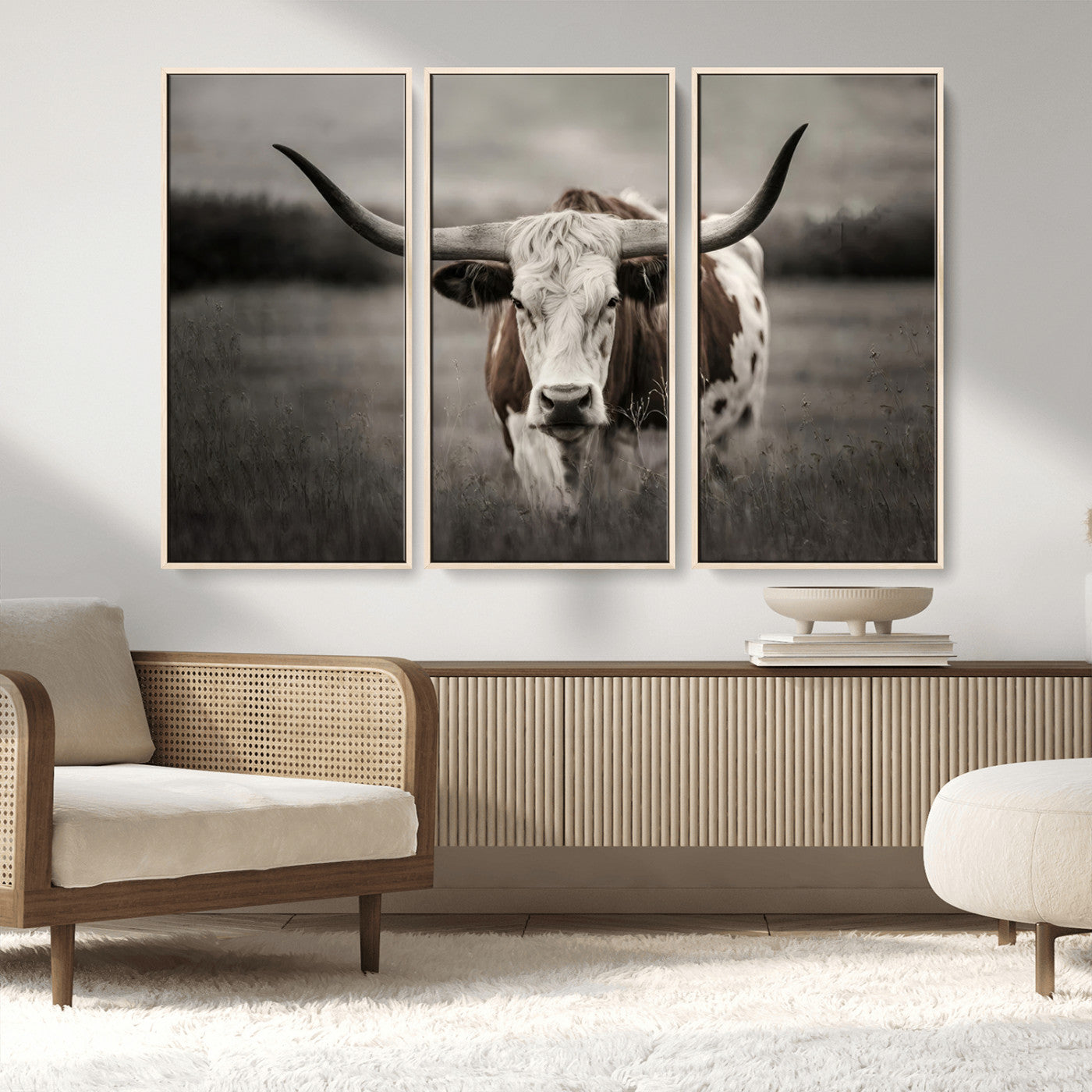 MGV-FC-48X32-3P - Texas Longhorn Cow Canvas Wall Art Print - Large Rustic Longhorn Art for Living Room, Western Wall