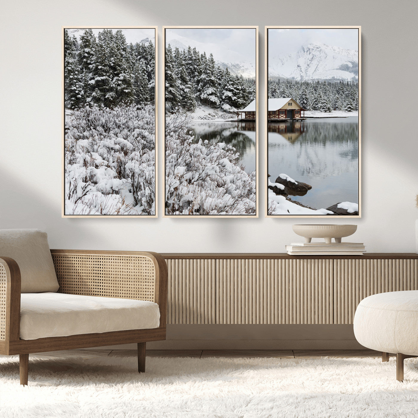 MGV-FC-48X32-3P - Winter Wall Art - Cabin by the Lake Canvas Wall Art - Serene Snowy Landscape with Mountain View,