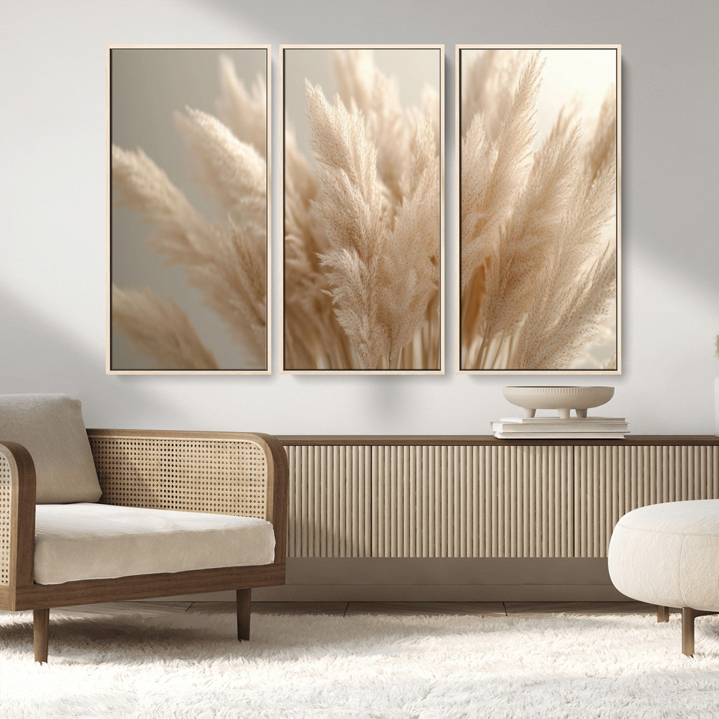 MGV-FC-48X32-3P - Pampas Grass Canvas Wall Art - Elegant Neutral Decor for Living Room, Boho Minimalist Artwork, Ready