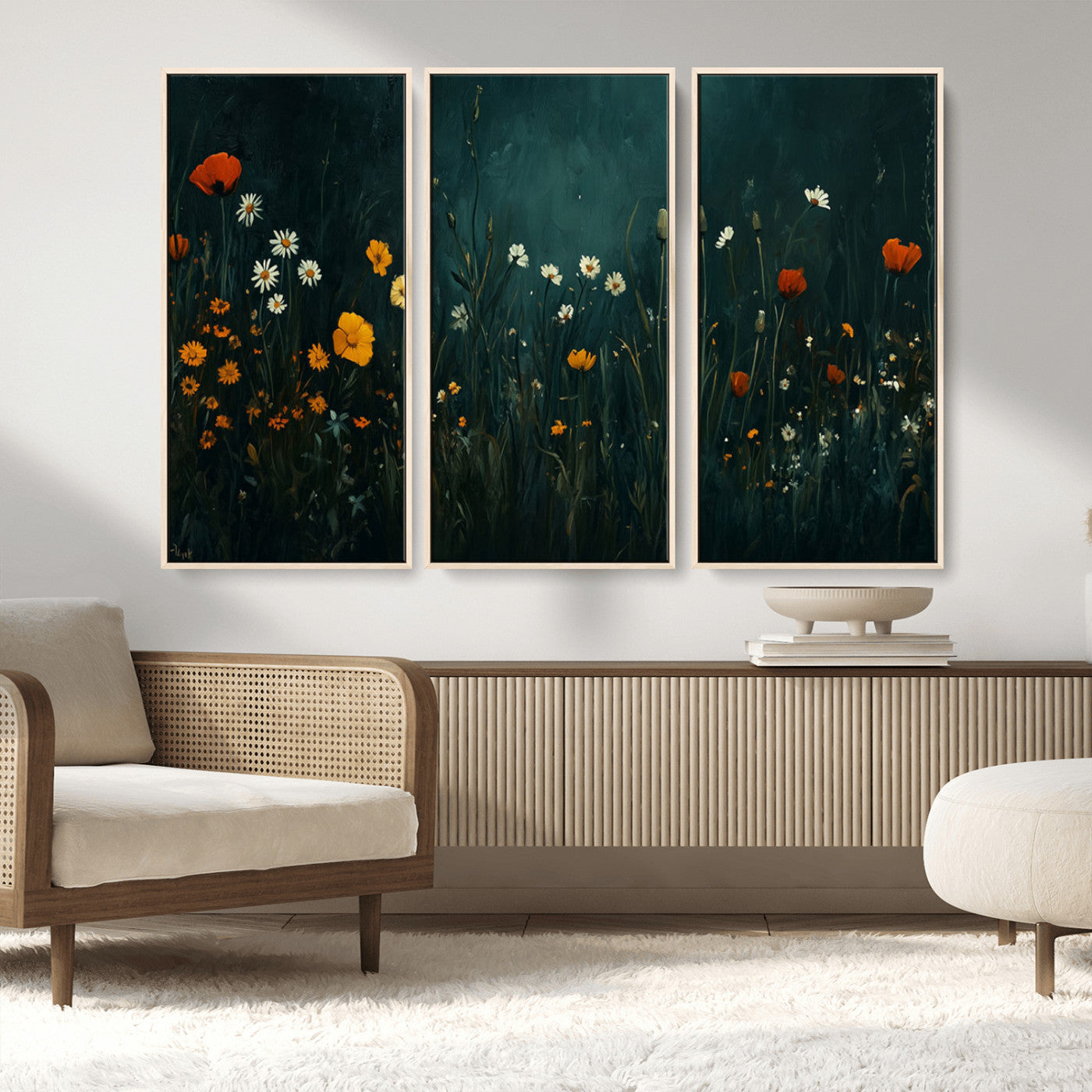 MGV-FC-48X32-3P - Framed Wildflower Field Wall Art, Framed Vintage Botanical Landscape Sign, Floral Decor, Modern