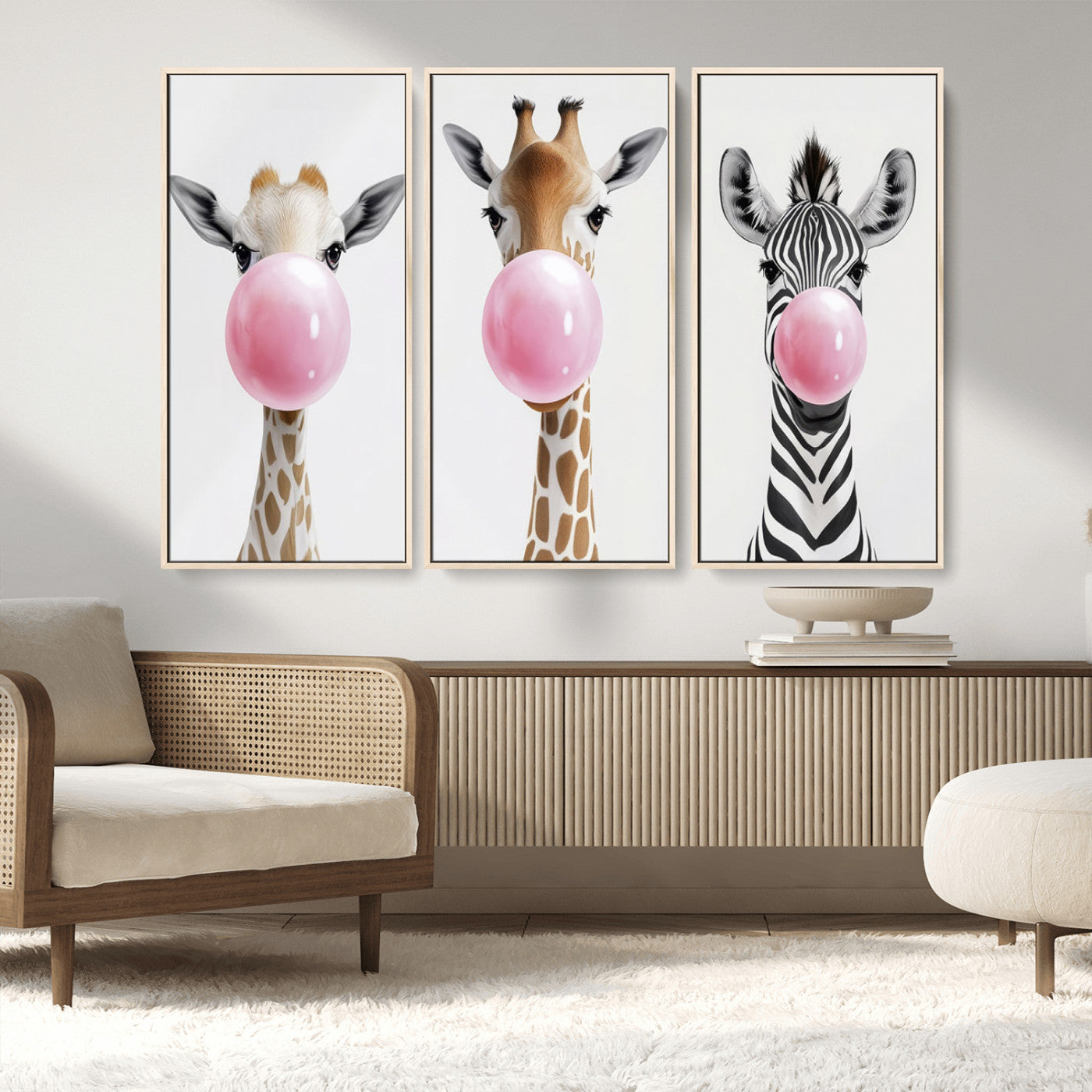 MGV-FC-48X32-3P - Bubblegum Animals Canvas Wall Art - Playful Giraffe and Zebra Trio, Fun Nursery Decor for Kids'