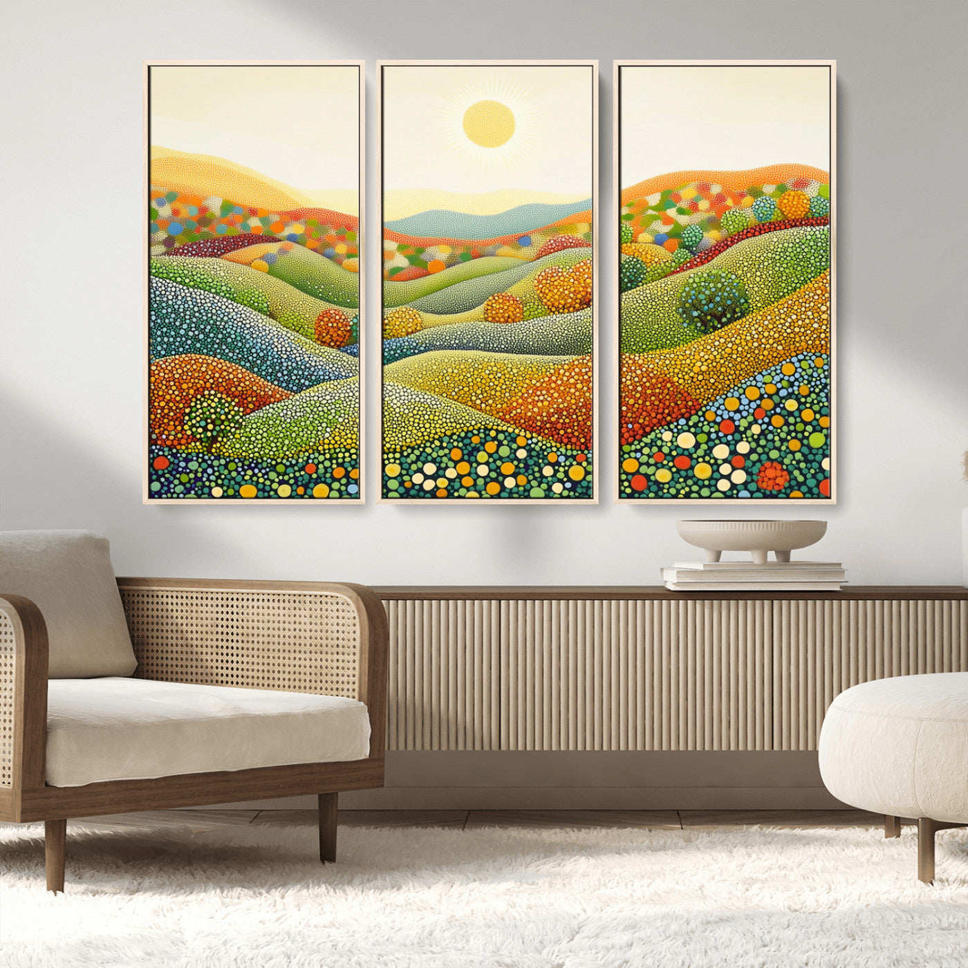 MGV-FC-48X32-3P - YAYOI KUSAMA Wall Art - Colorful Dot Art Landscape Canvas, Framed Japanese Dot Art
