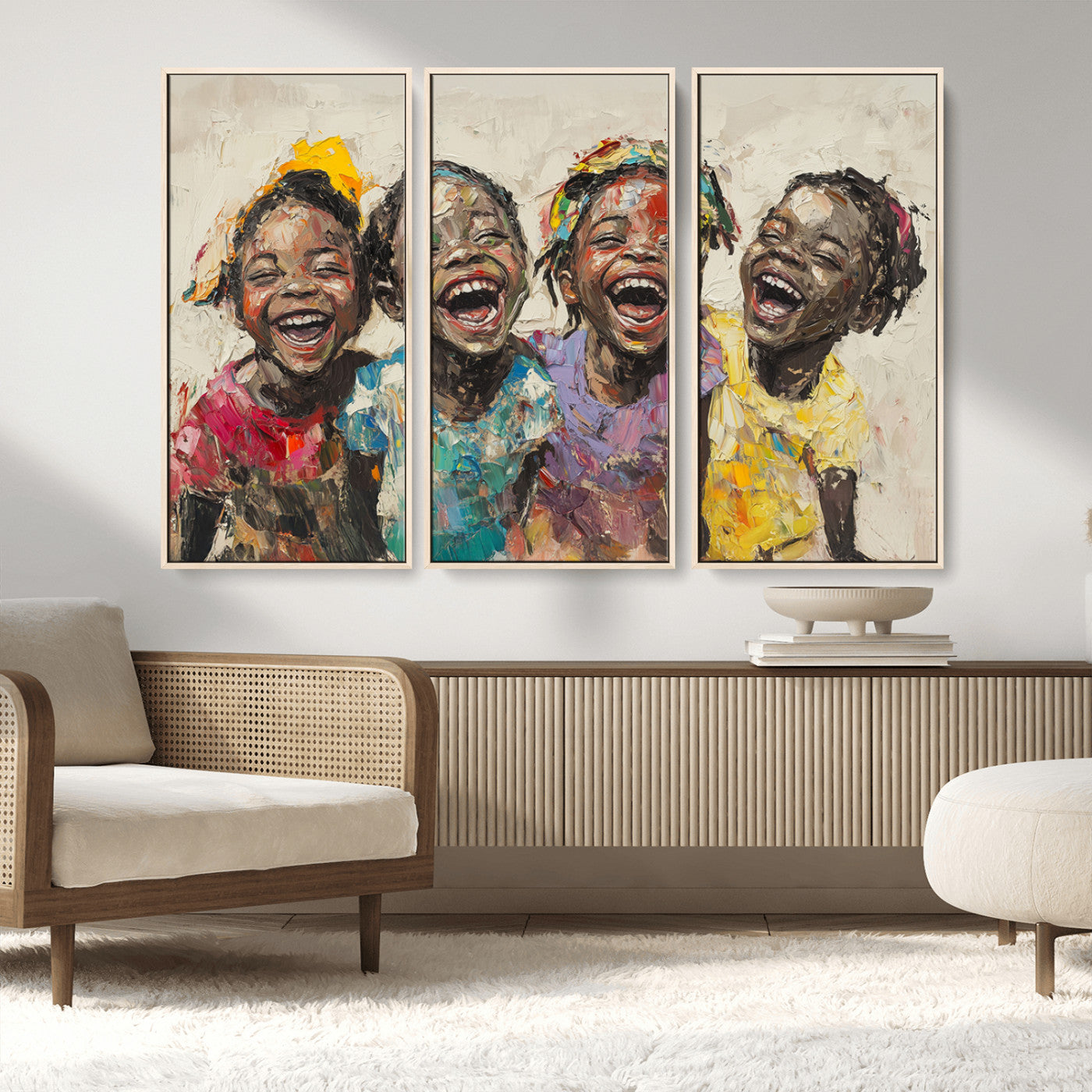 MGV-FC-48X32-3P - Shai Yossef style Joyful Childhood Canvas Wall Art - Expressive Impasto Painting of Black Children