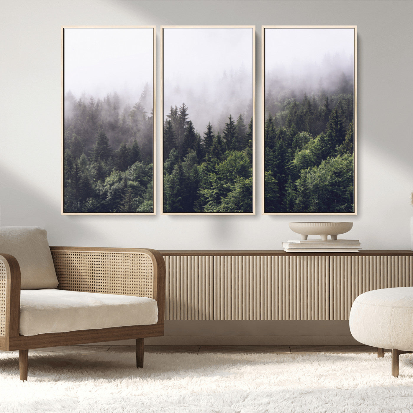 MGV-FC-48X32-3P - Misty Forest Wall Art | Foggy Forest Canvas Print | Large Nature-Inspired Misty Tree Landscape for
