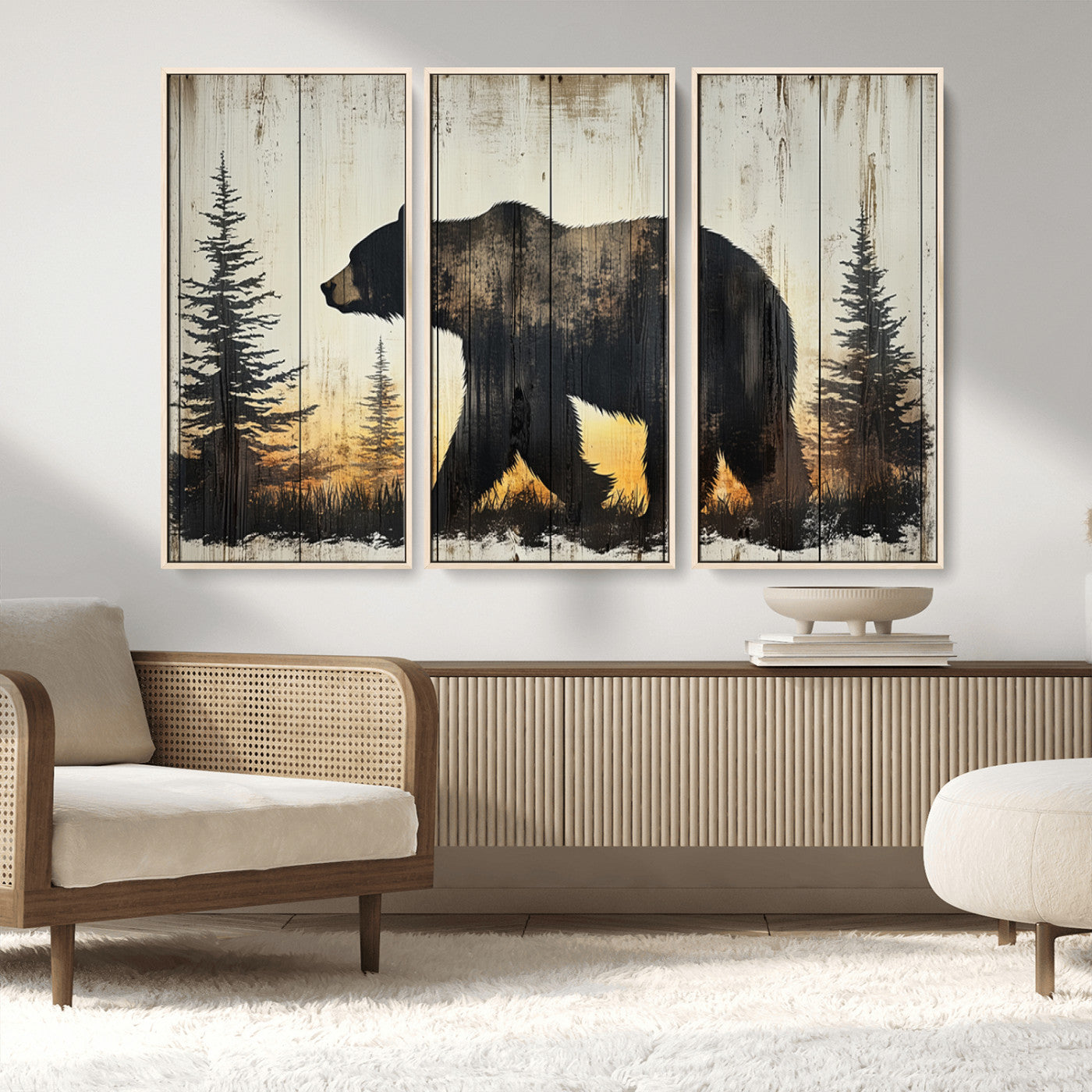 83875-MGV-FC-48X32-3P_Natural-Vintage Bear Wall Art Canvas Print for Farmhouse - Mountain Wood Canvas Wall Art - Forest Silhouette