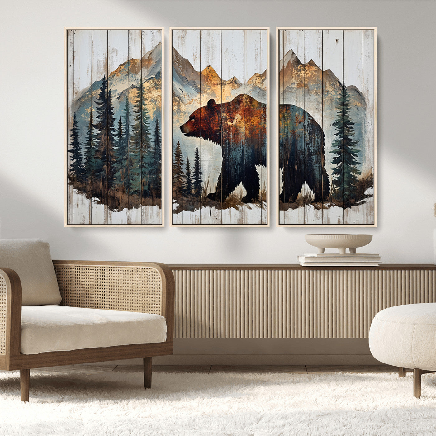55777-MGV-FC-48X32-3P_Natural-Rustic Grizzly 399 Bear and Mountain Wood Canvas Wall Art - Framed Nature Artwork with Forest