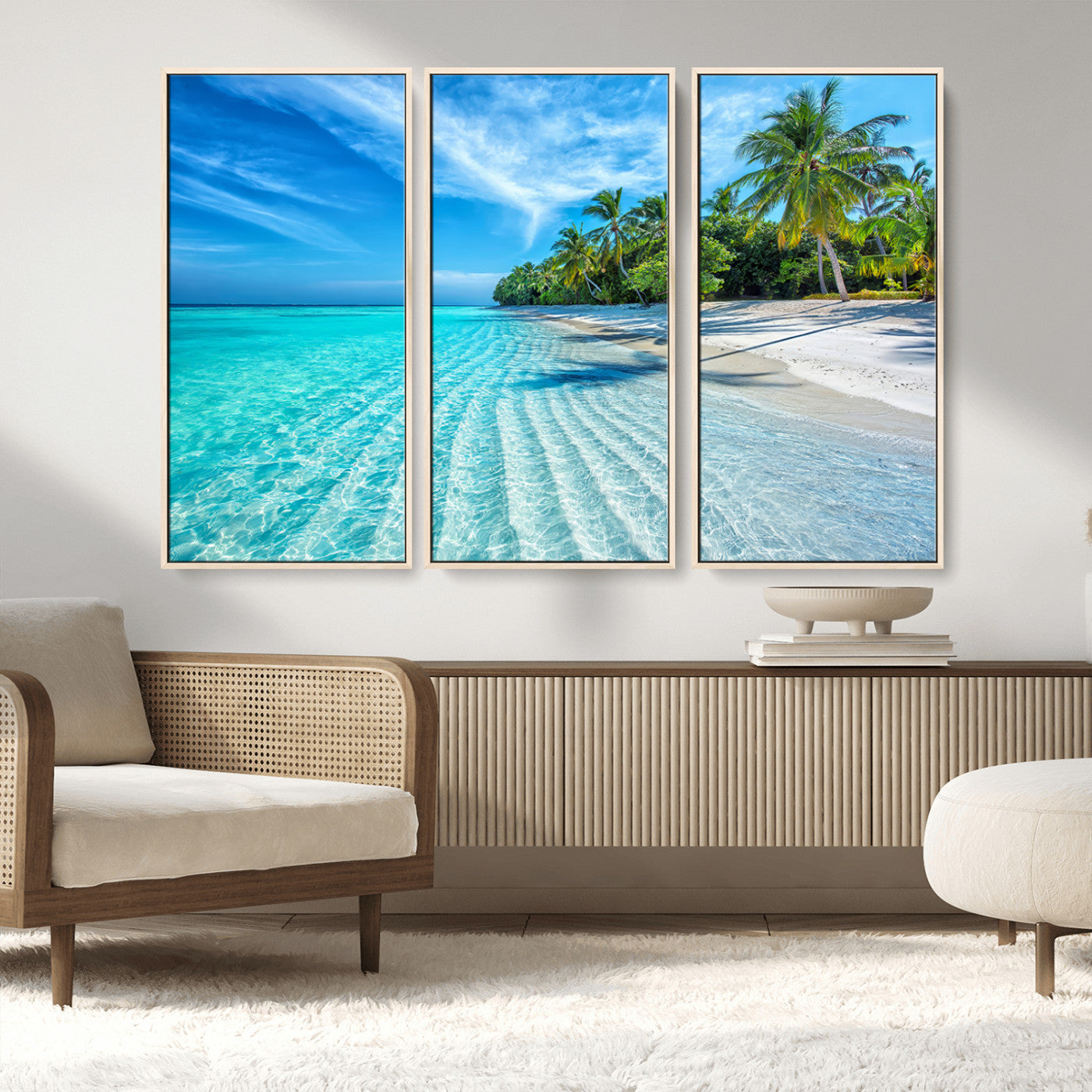 MGV-FC-48X32-3P - Tropical Beach Wall Art Canvas Print - Serene Ocean Landscape with Crystal Clear Turquoise Water and