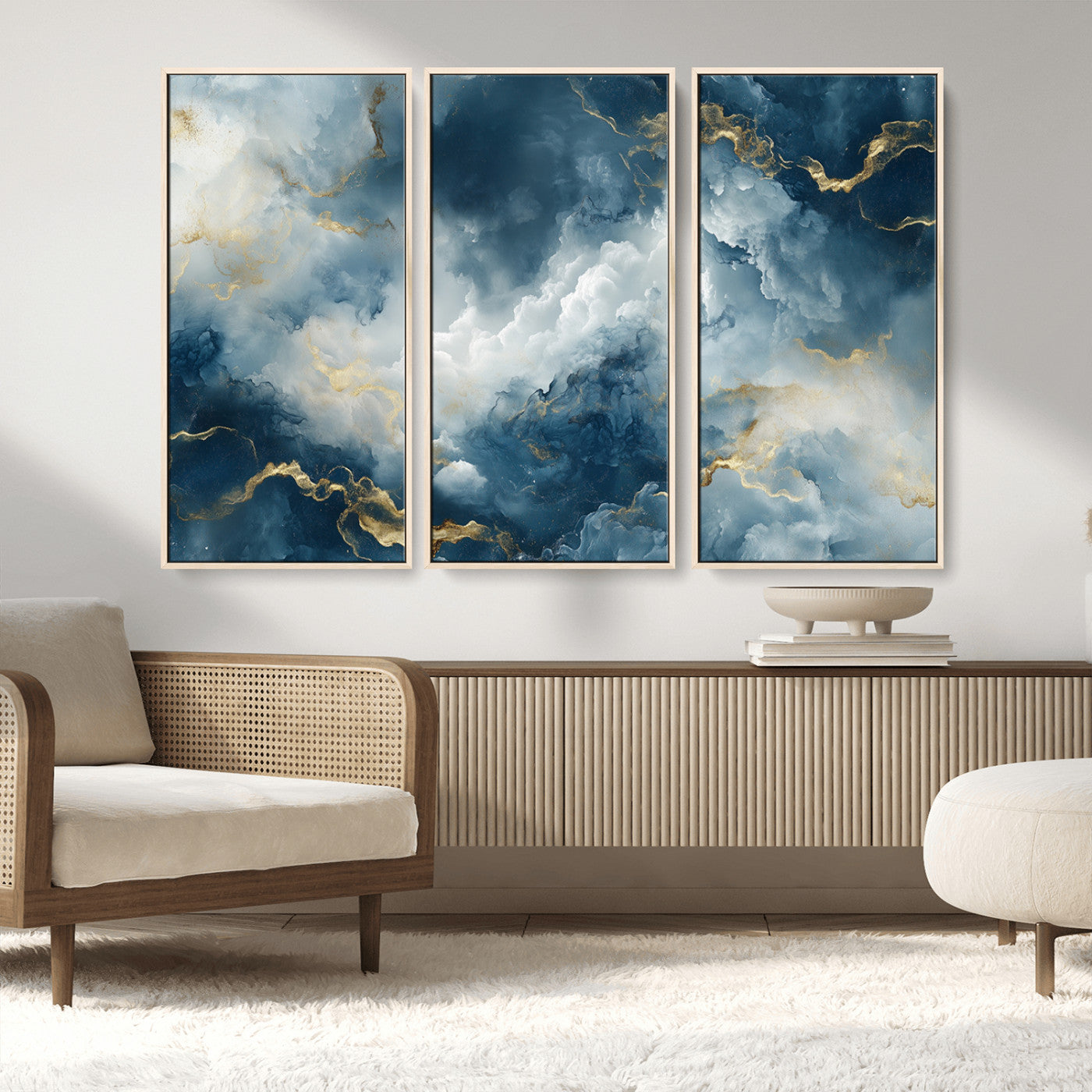 MGV-FC-48X32-3P - Large Abstract Print - Luxe Blue and Gold Abstract Canvas Wall Art - Bold Cloudscape Canvas for