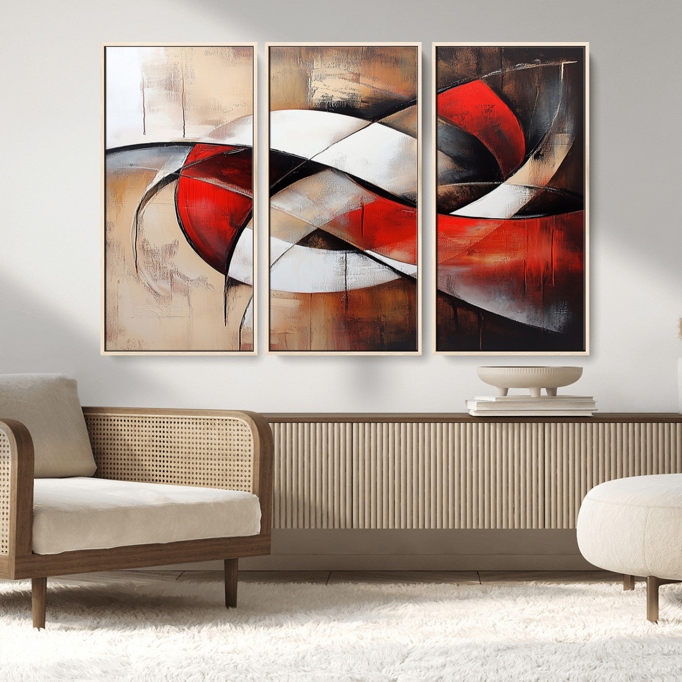 MGV-FC-48X32-3P - Abstract Wall Art - Modern Red and White Canvas Wall Art Print - Bold Geometric Abstract Canvas for