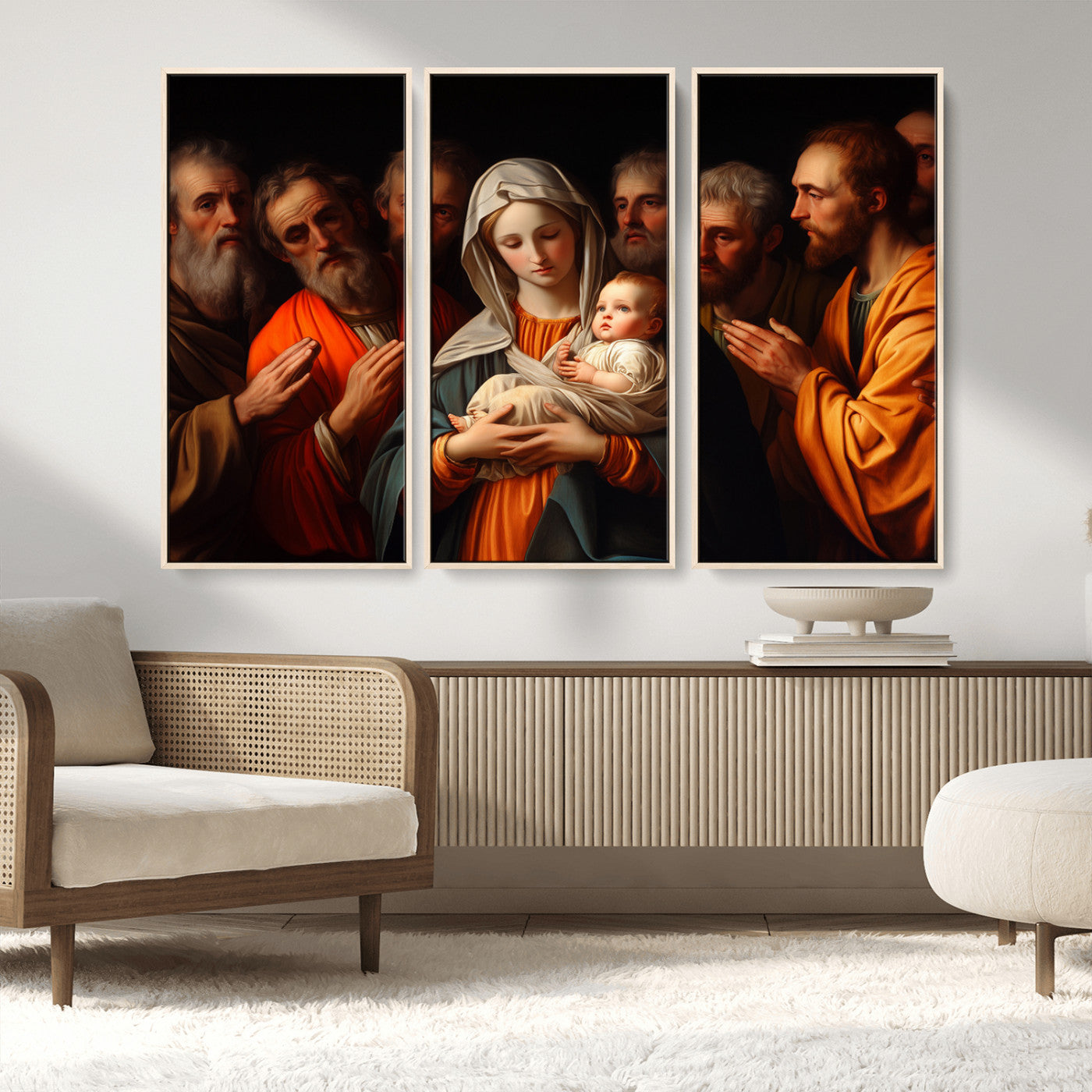 MGV-FC-48X32-3P - Religious Canvas Wall Art Print - Madonna and Child with Apostles Art Print - Classic Christian