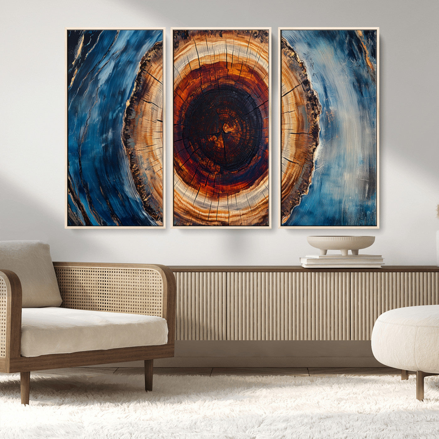 MGV-FC-48X32-3P - Framed Abstract Tree Ring Wall Art Print, Natural Rustic Wood Texture Canvas Print, Wood Tree Stump