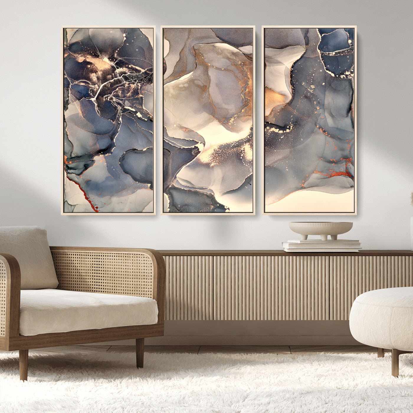 MGV-FC-48X32-3P - Abstract Blue and Gold Wall Art - Fluid Ink Artwork - Modern Luxury Wall Decor for Contemporary