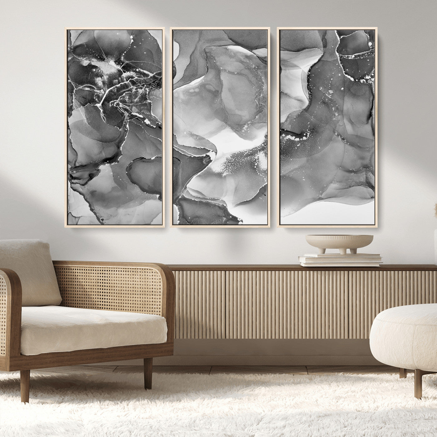 MGV-FC-48X32-3P - Black White Abstract Canvas Wall Art - Fluid Ink Artwork - Modern Luxury Wall Decor for Contemporary