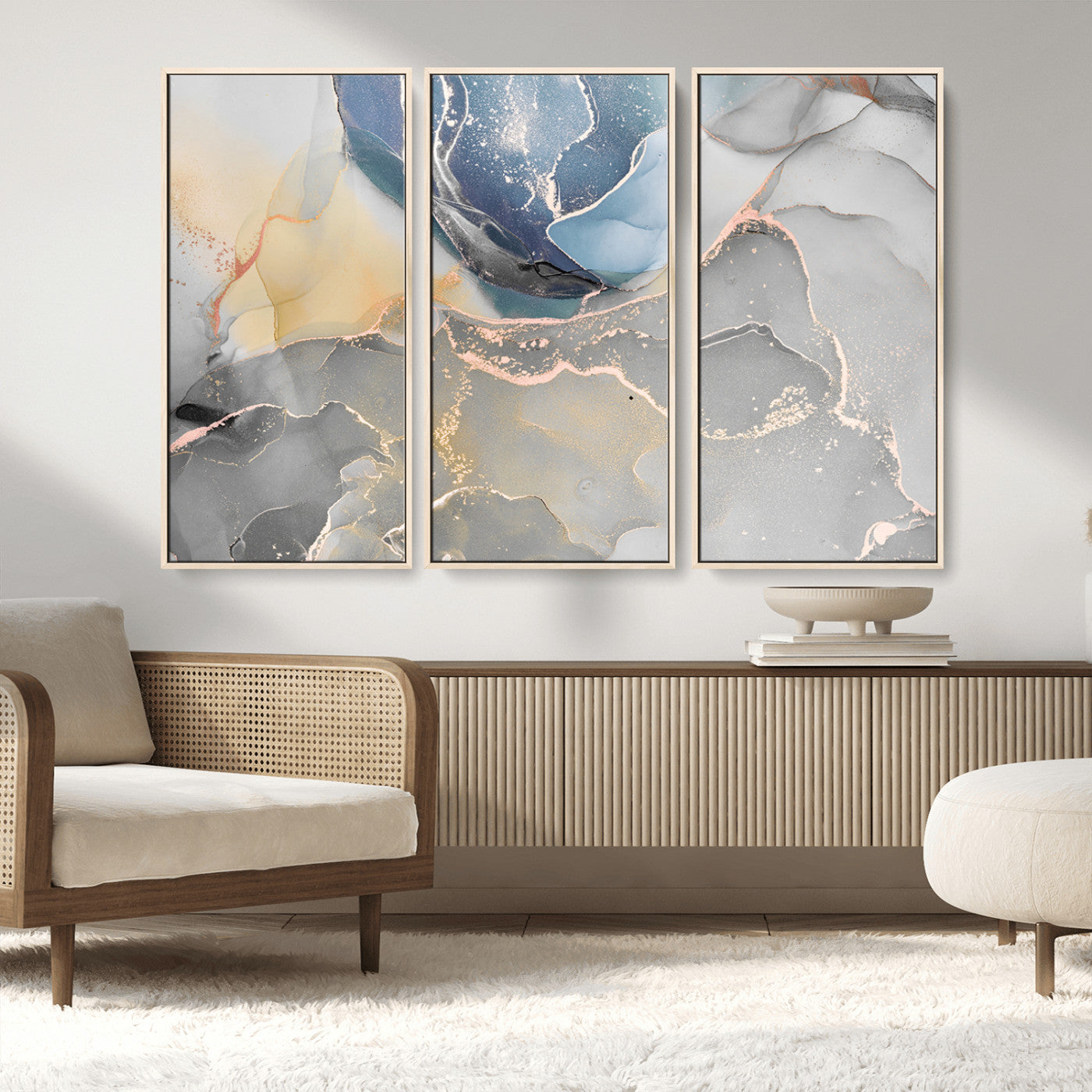 MGV-FC-48X32-3P - Large Abstract Blue and Gold Canvas Wall Art | Fluid Ink Artwork Print | Luxury Wall Decor for
