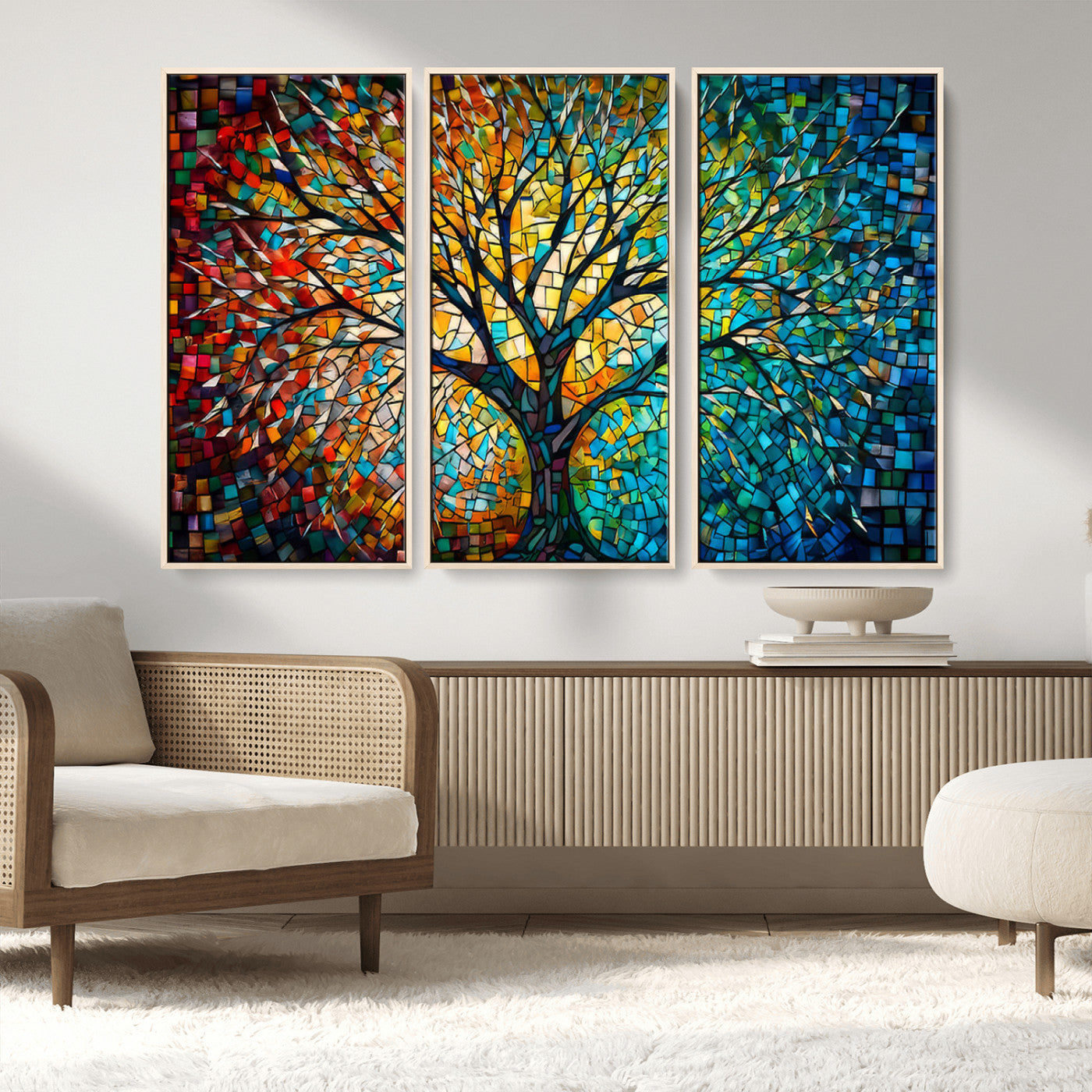 99325-MGV-FC-48X32-3P_Natural-Yggdrasil Tree of Life Wall Art Print Canvas | Mosaic Style 3-Panel Canvas Print