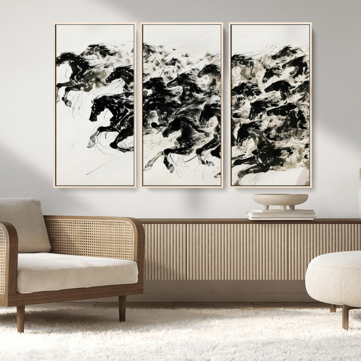 MGV-FC-48X32-3P - Abstract Horse Wall Art Canvas Print - Dynamic Black Ink Horse Print - Modern Equine Wall Decor for