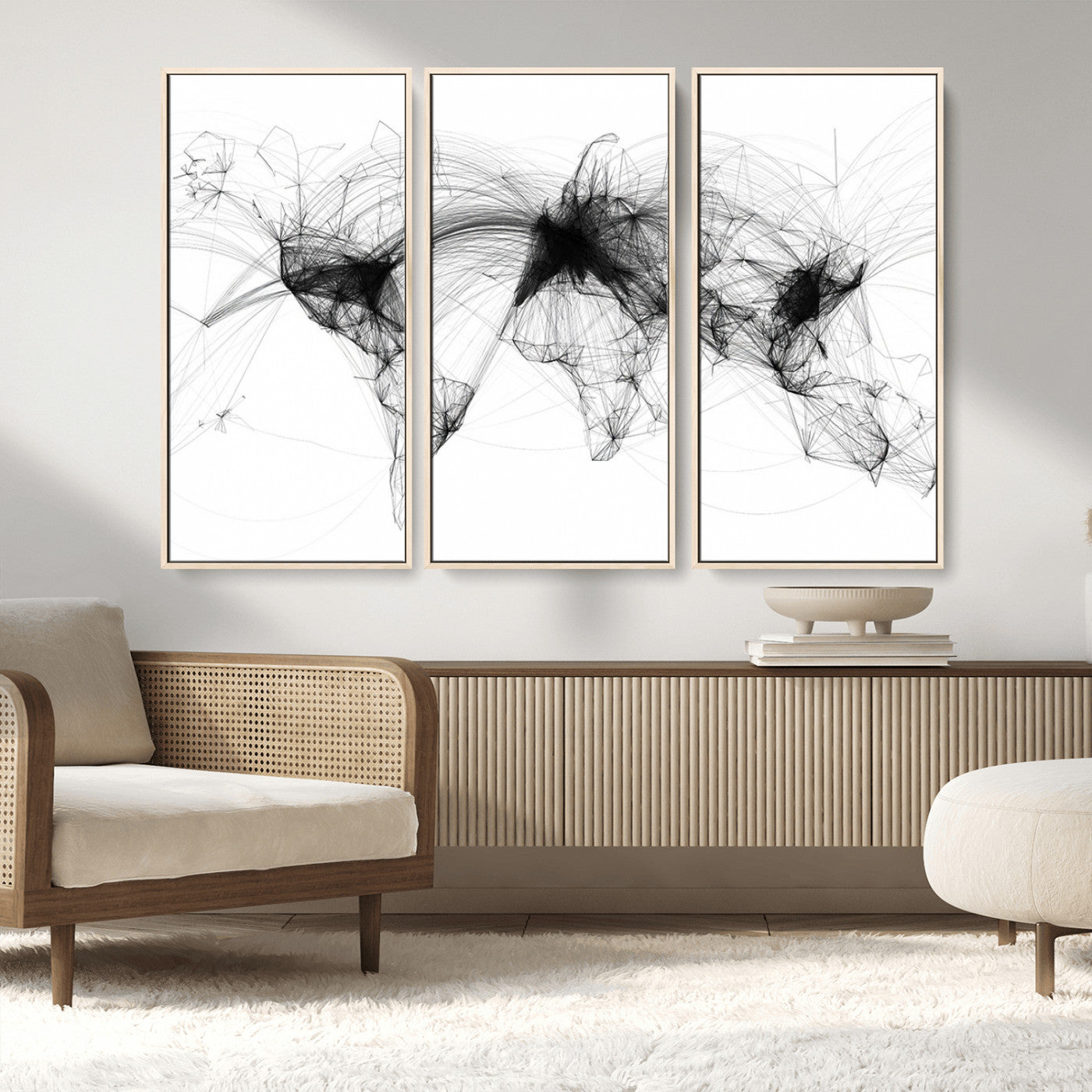 A minimalist abstract world map created from interconnected black lines representing global connectivity and communication networks.