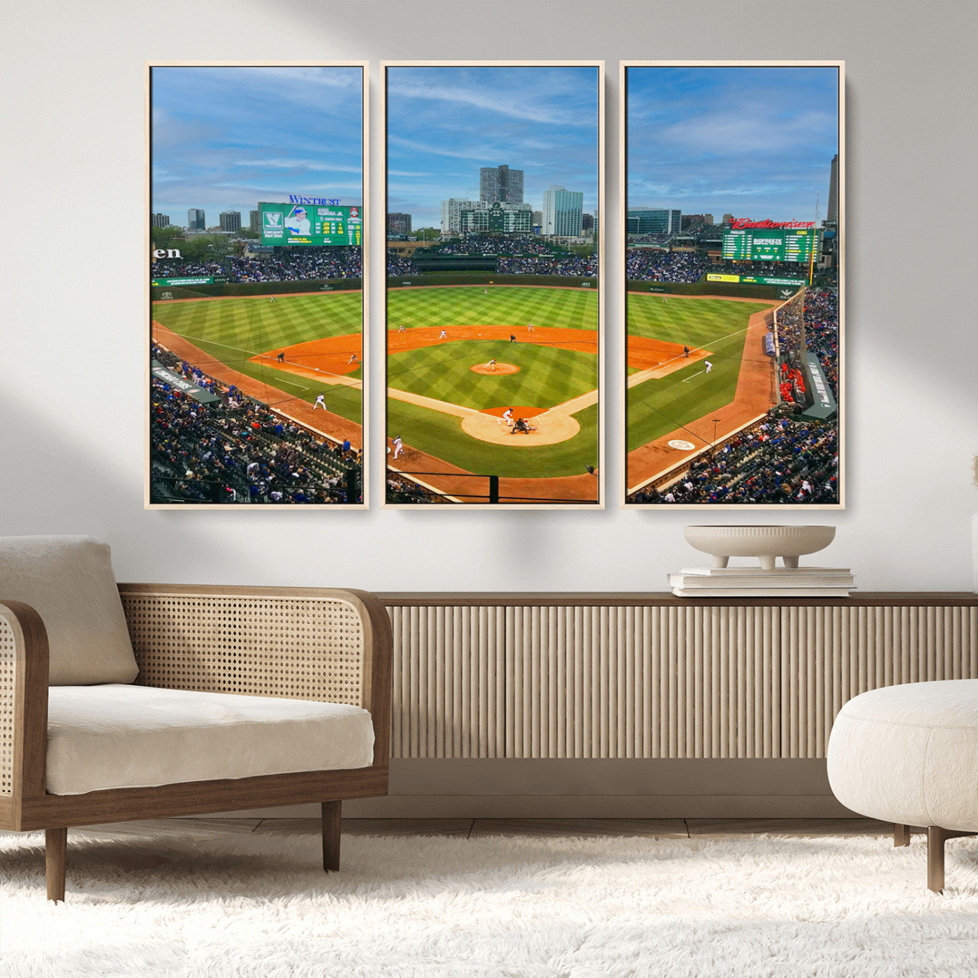 MGV-FC-48X32-3P - Wrigley Field Chicago Cubs Panoramic Multi Piece Canvas Wall Art - Iconic Baseball Stadium Print for